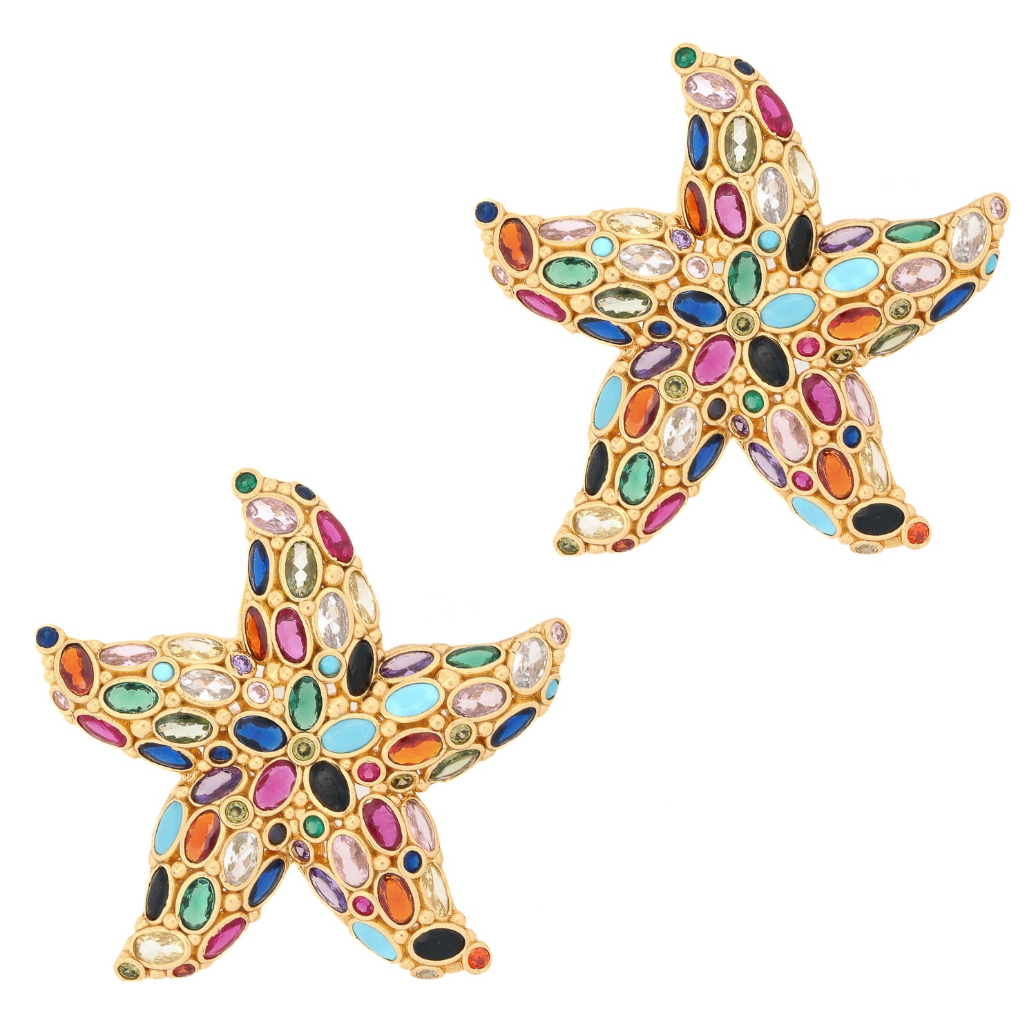 24K gold plated chunky starfish stud earrings with multicolor gemstones, matching ring available, ocean-inspired statement jewelry.