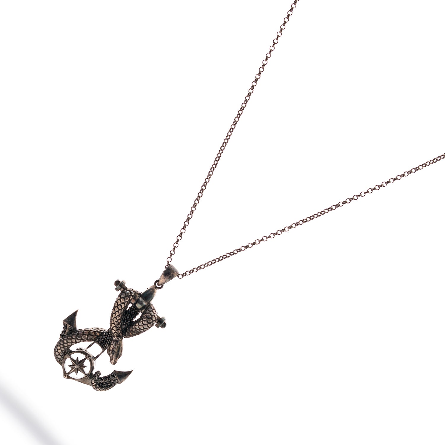 Sterling silver necklace with anchor pendant wrapped by serpent, compass detail, dark rhodium finish, masculine nautical style.