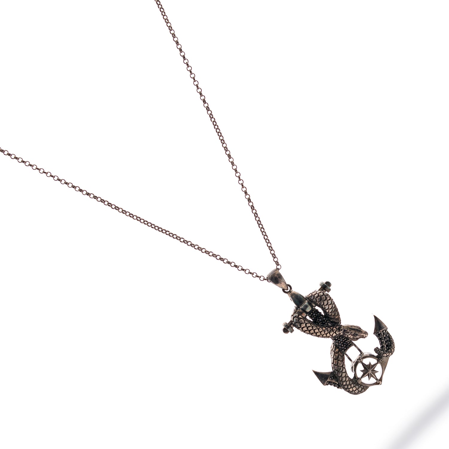 Sterling silver necklace with anchor pendant wrapped by serpent, compass motif, dark rhodium finish, masculine nautical style.