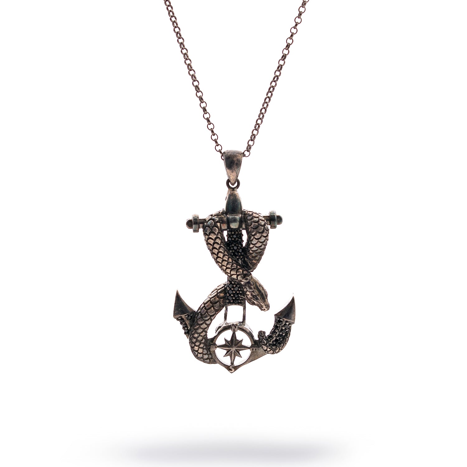 Sterling silver necklace with anchor pendant entwined by serpent, compass detail, dark rhodium finish, masculine nautical talisman style.
