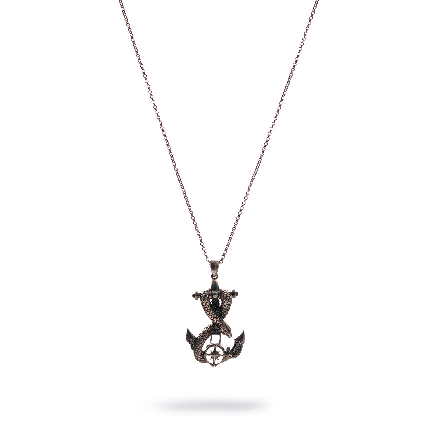Sterling silver necklace with anchor pendant wrapped by serpent, compass detail, dark rhodium finish, masculine nautical style.