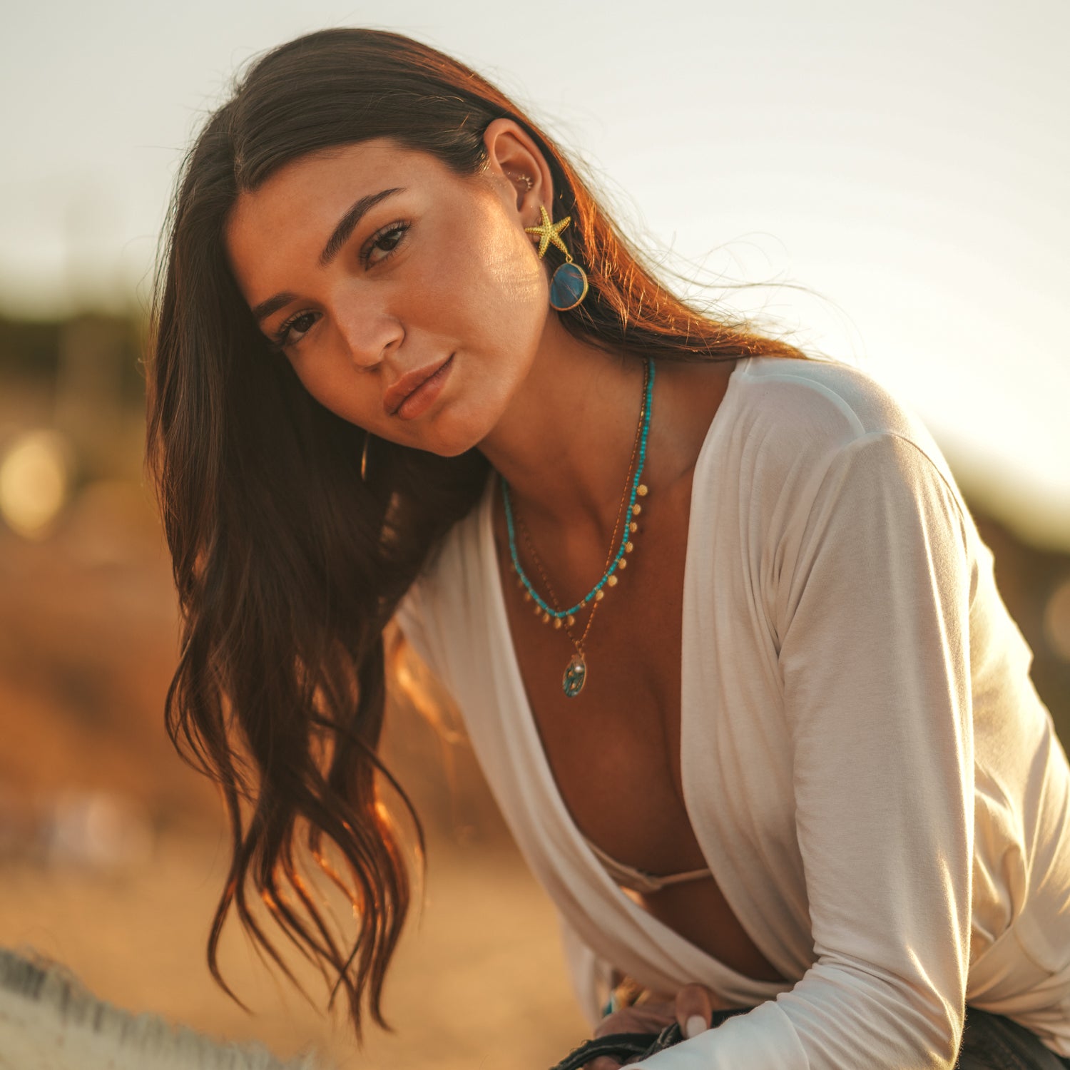 Summer beach earrings with ocean star and gemstone details
