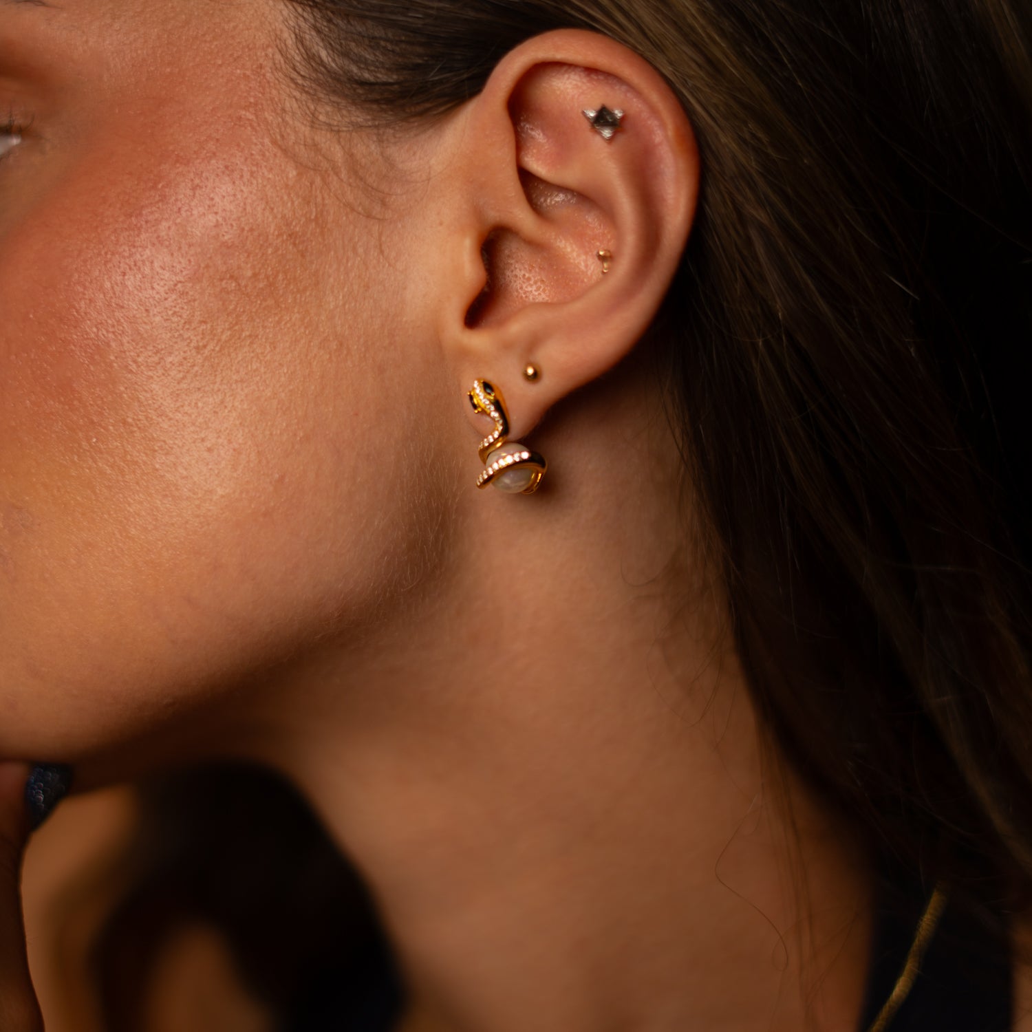 Onyx Eye Serpent Pearl Stud Earrings