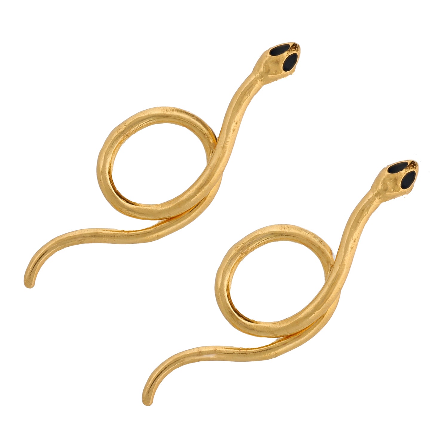 Gold snake earrings featuring onyx stone eyes and a sleek design, perfect for adding mystique to any outfit.
