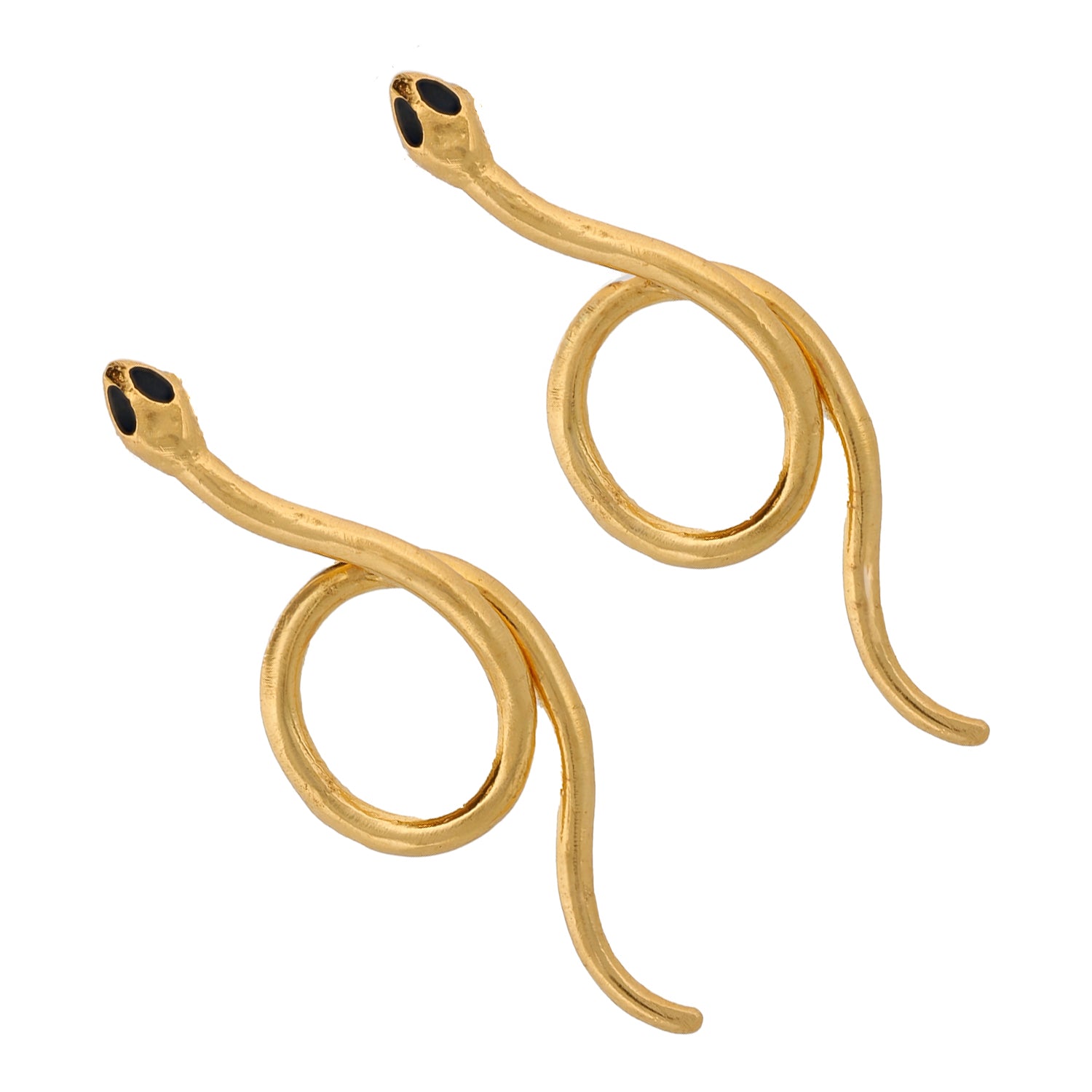 Mystical serpent earrings with onyx accents and a graceful gold-plated design, symbolizing protection.
