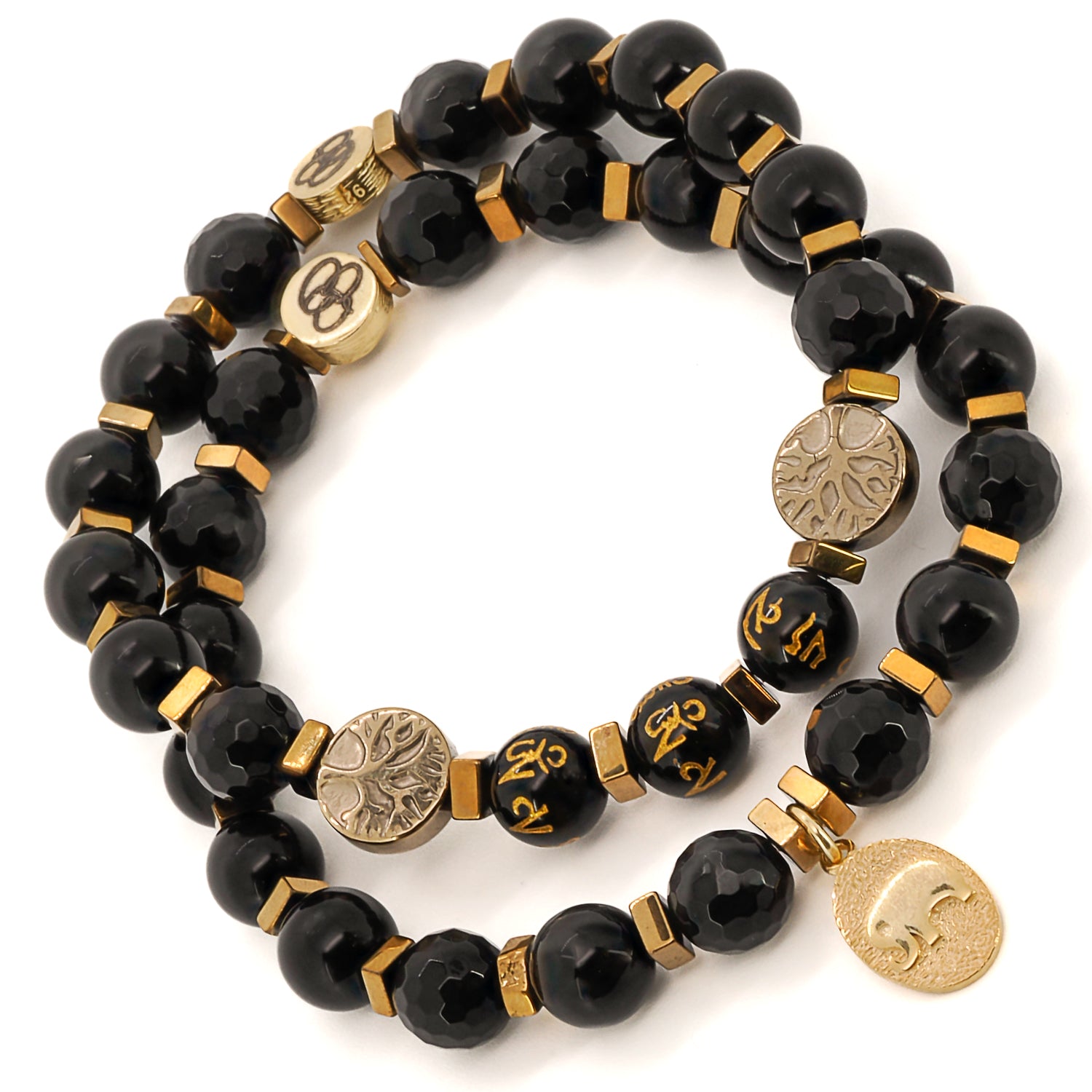 Radiate peace and calm with the Onyx Yoga Journey Bracelet Set, featuring Om Mani Padme Hum mantra beads and a Tree of Life charm.