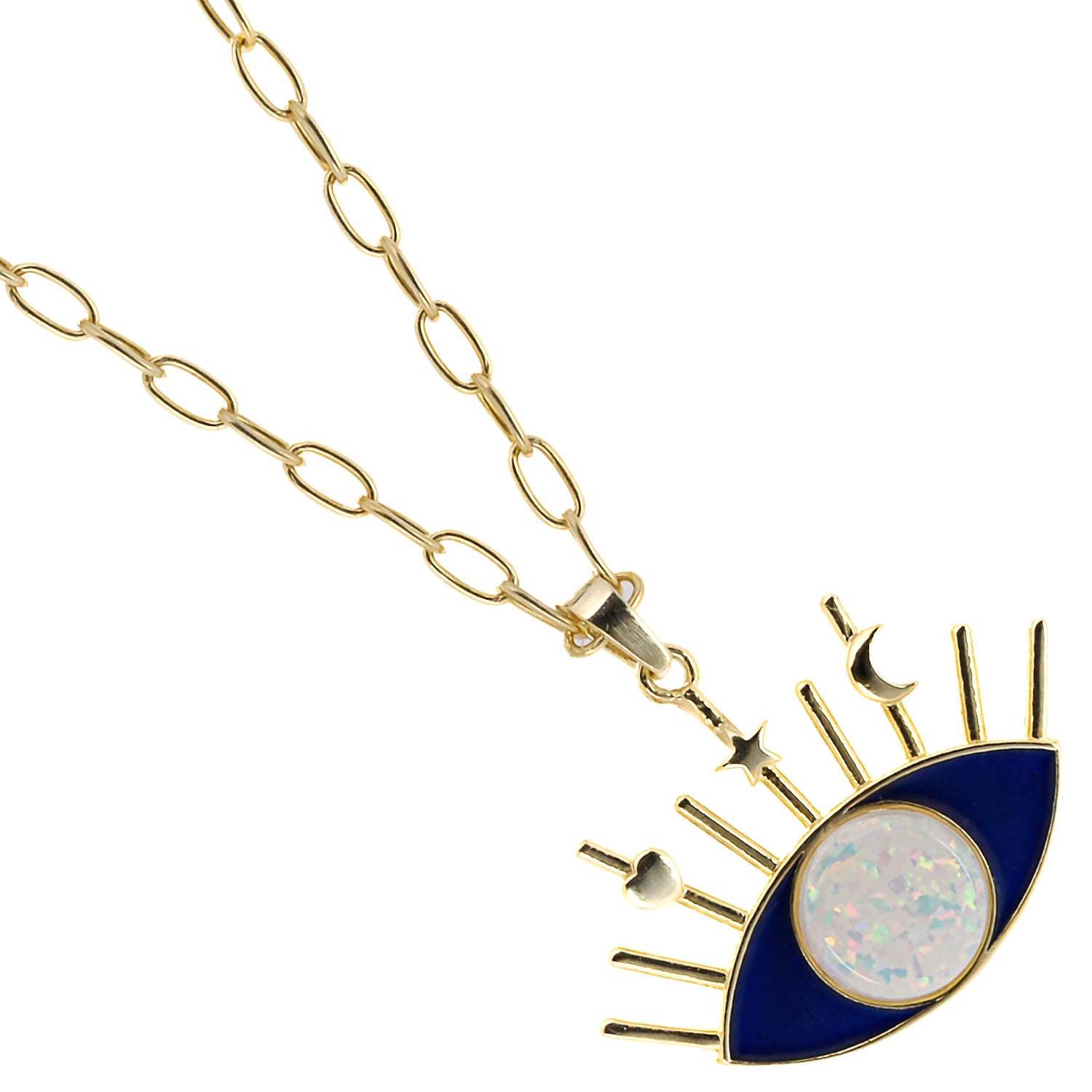 The striking contrast between the blue enamel and white opal on the Evil Eye pendant.