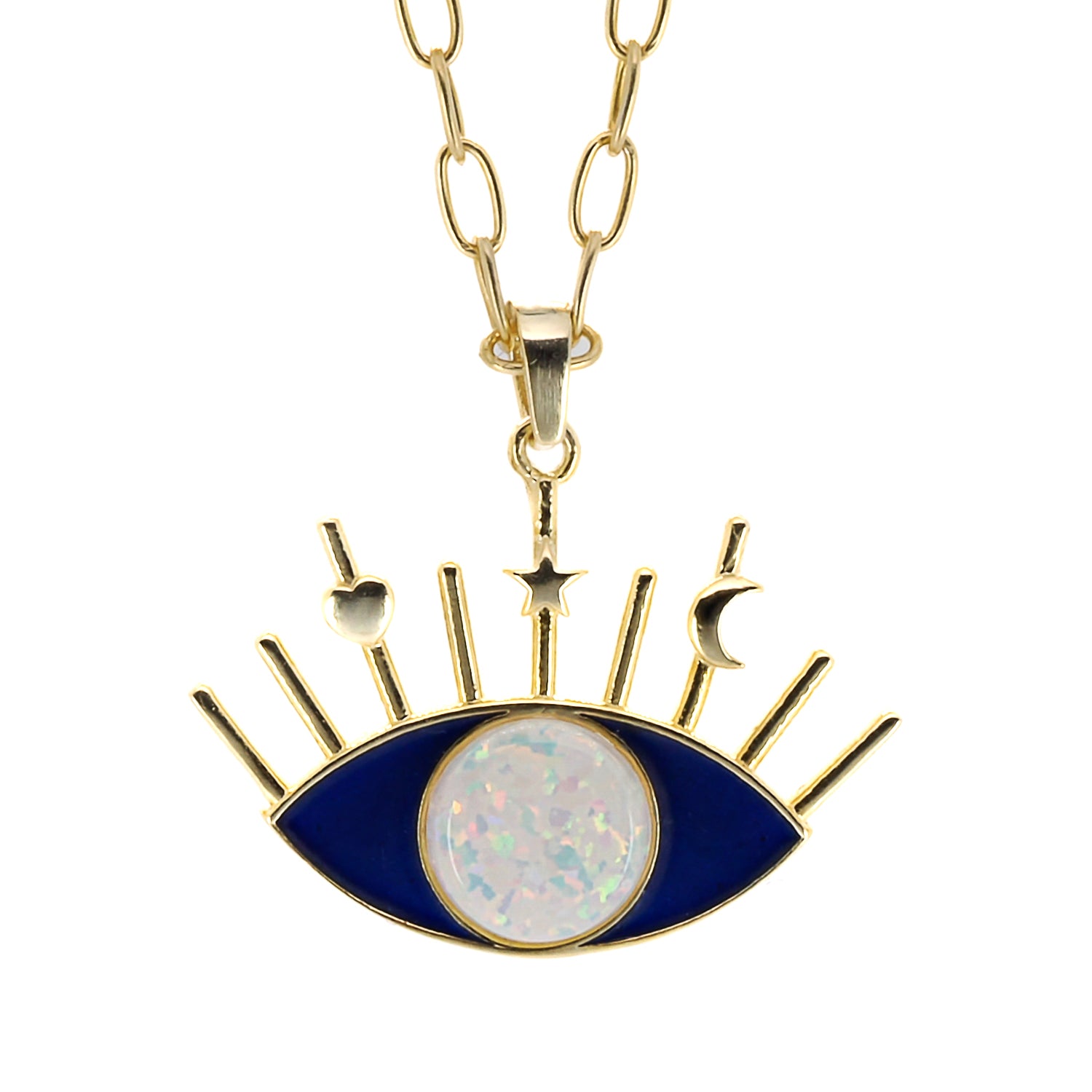 The adjustable sterling silver chain of the Opal Blue Evil Eye Necklace.