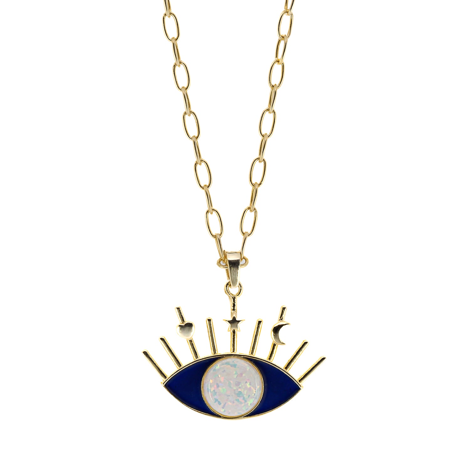A close-up of the enchanting combination of blue enamel and white opal on the Evil Eye pendant.