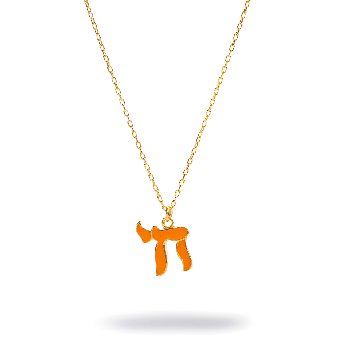 Orange Chai Symbol Gold Pendant Necklace, orange enamel Hebrew Chai edged in gold on a fine cable chain