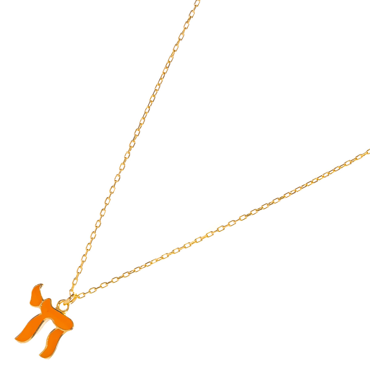 Orange enamel Chai pendant on a dainty gold cable chain, angled view