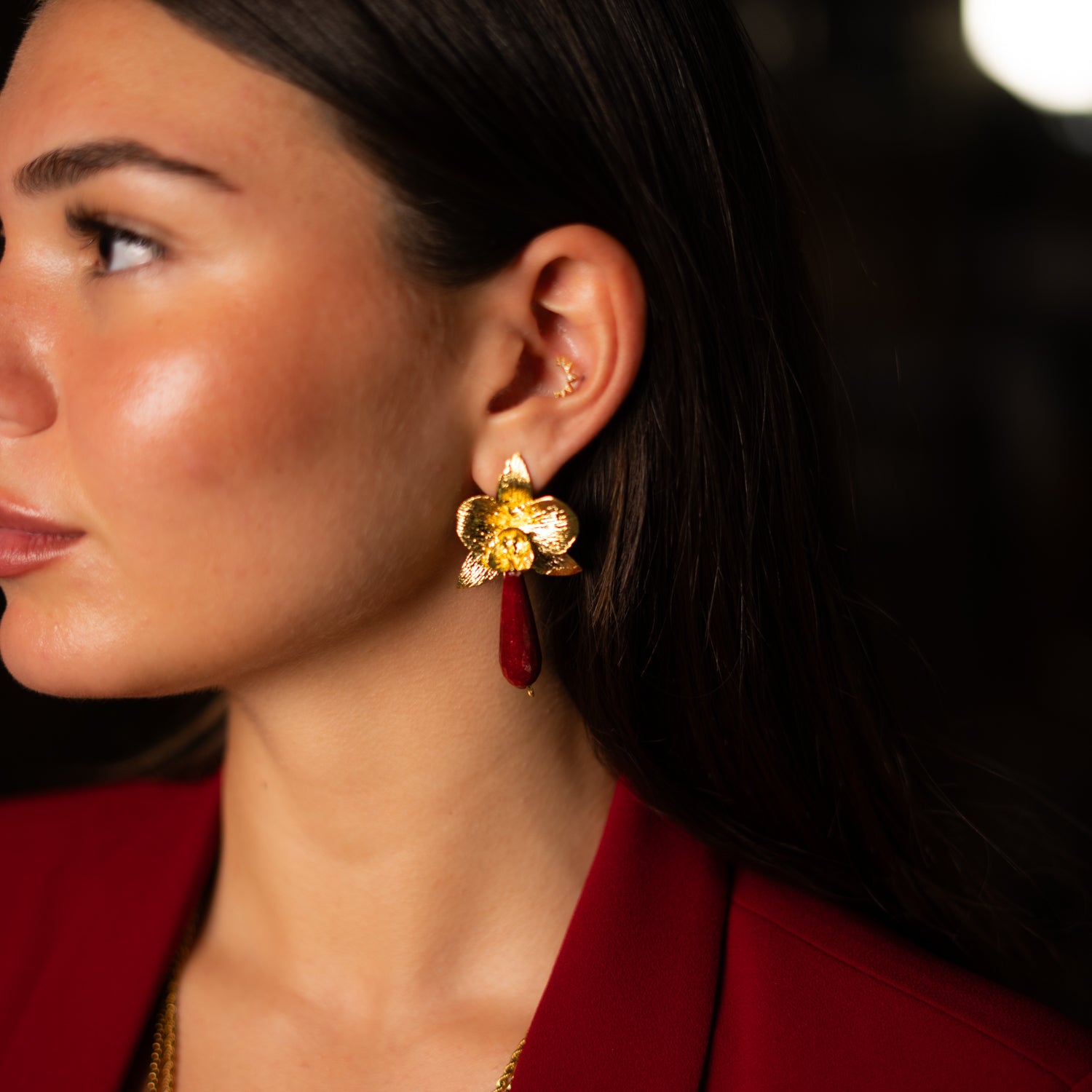 Orchid Flame Red Agate Gold Earrings