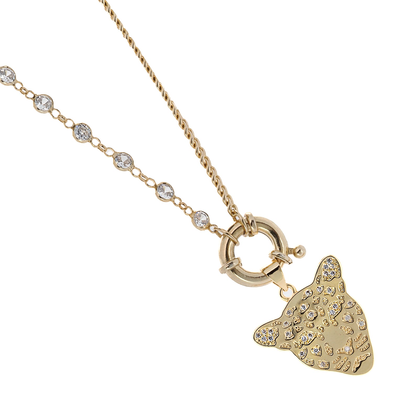 A close-up of the Panther Gold Chain Necklace, showcasing the intricate details of the gold plated panther pendant and the sparkling zircon stones.