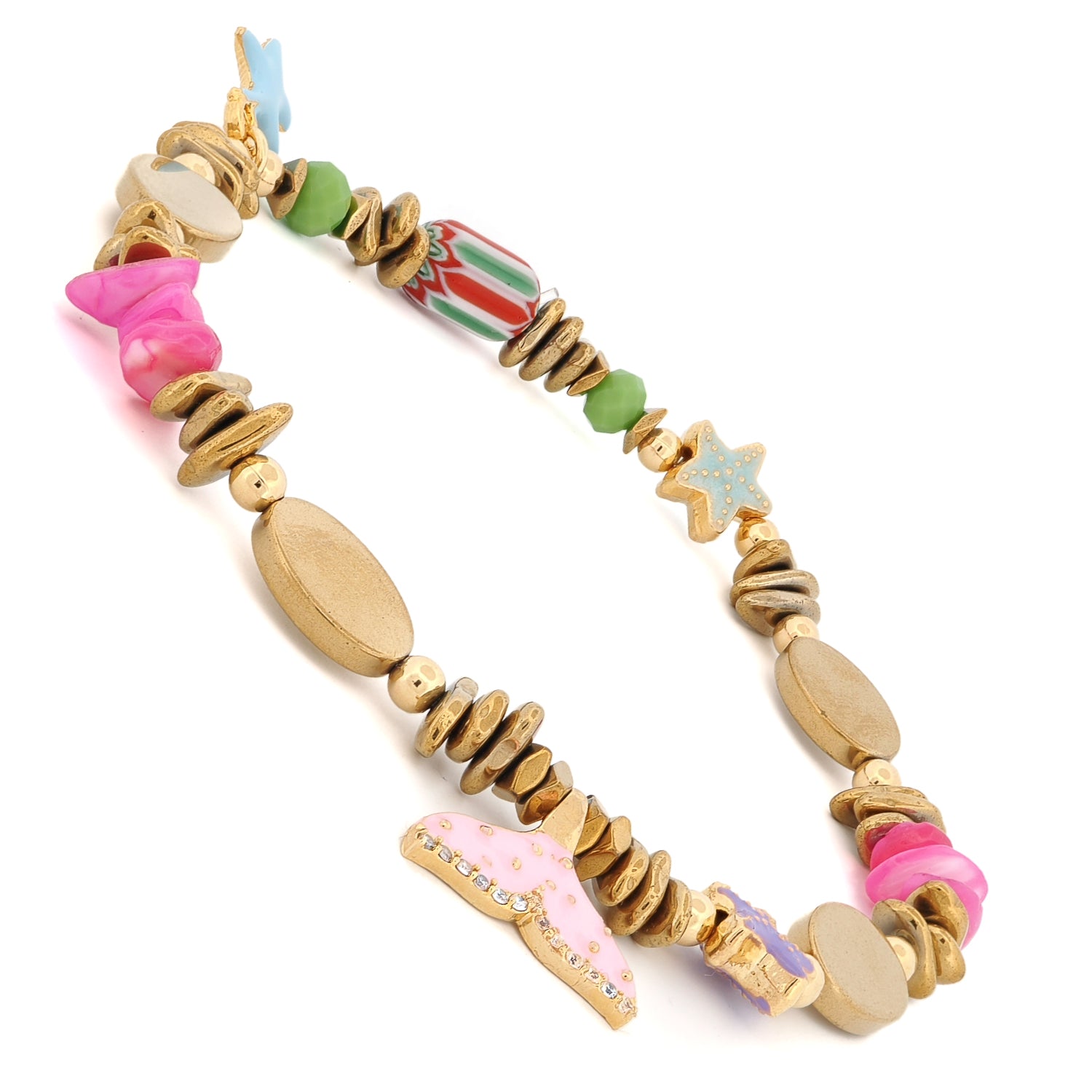 Dream Star & Fish Tail Anklet showing gold-plated enamel fish tail and star charms with pink glass beads and gold accents