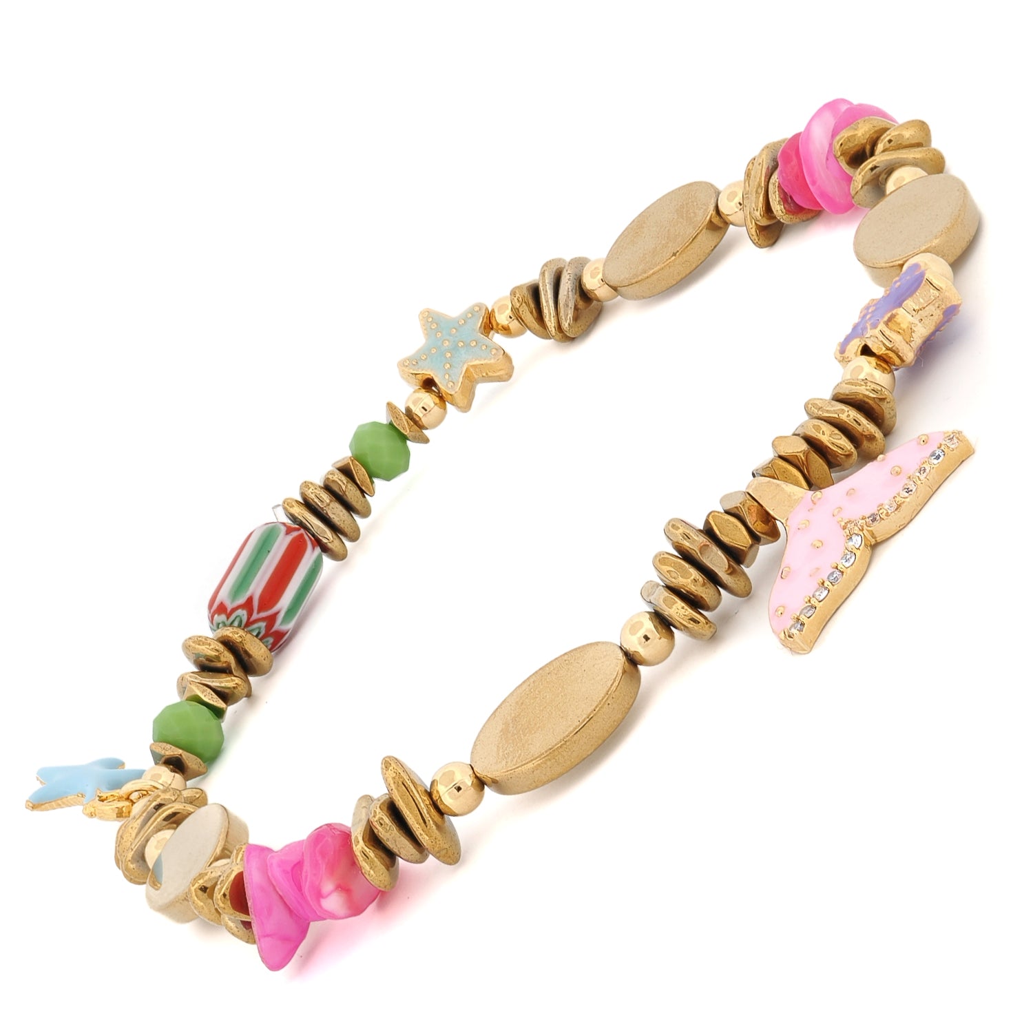 Pastel Colors Dream Star &amp; Fish Tail Beaded Anklet displaying all beads and charms — handmade dream jewelry