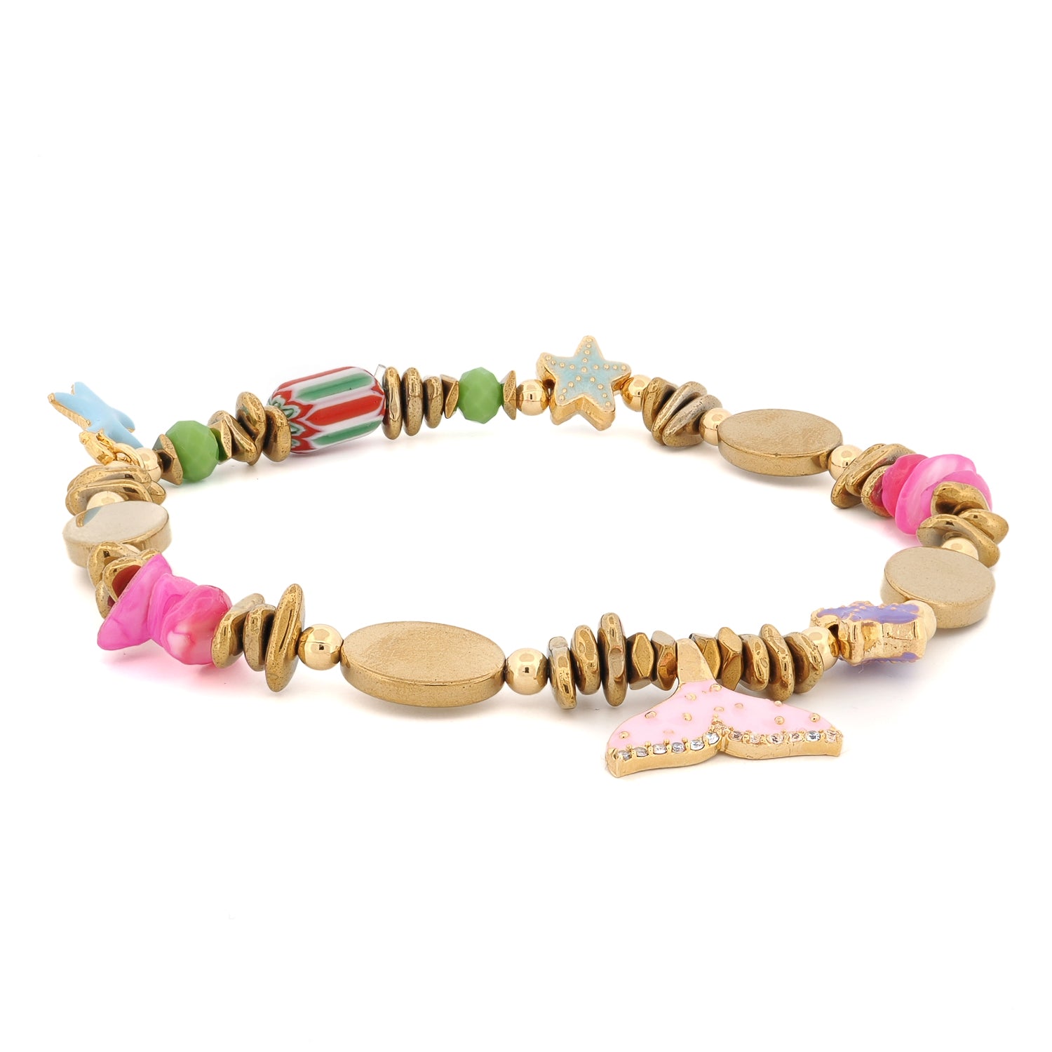 Pastel Colors Dream Star & Fish Tail Beaded Anklet with pink glass beads, gold hematite spacers, 18k gold-plated fish tail and star charms on stretchy cord