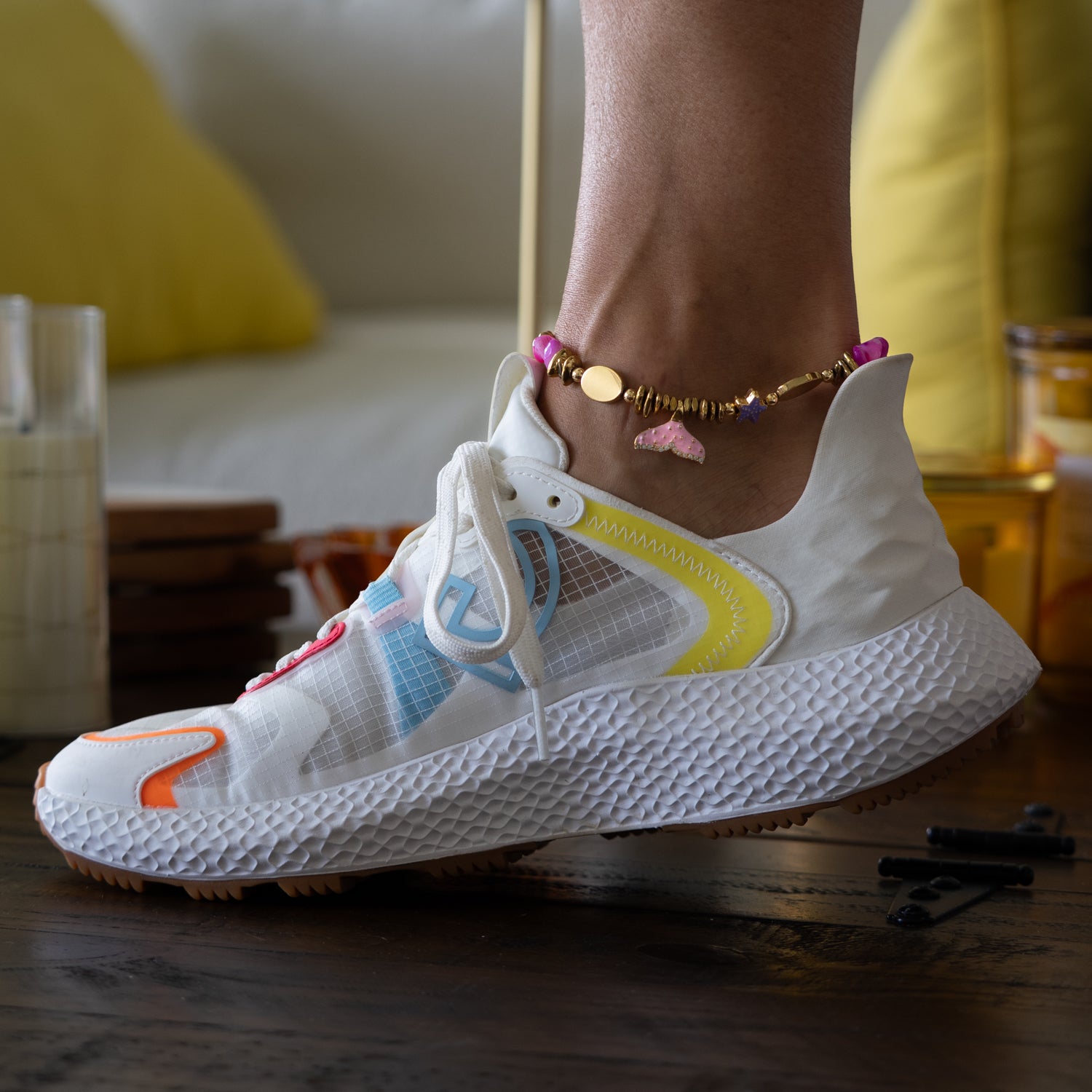 Pastel Colors Dream Star & Fish Tail Beaded Anklet worn on ankle at beach — barefoot dream vacation jewelry