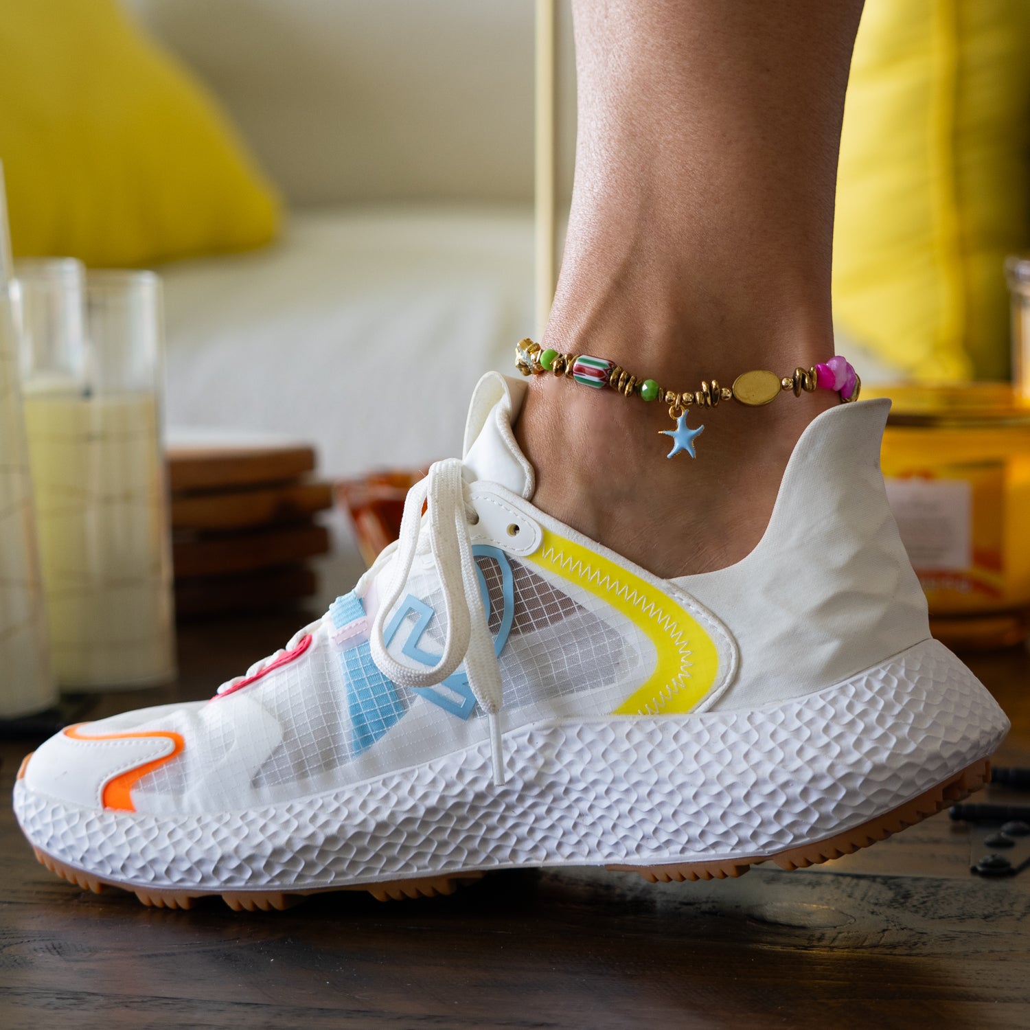 Pastel Colors Dream Star & Fish Tail Beaded Anklet worn on ankle with colorful sneakers — handmade charm jewelry