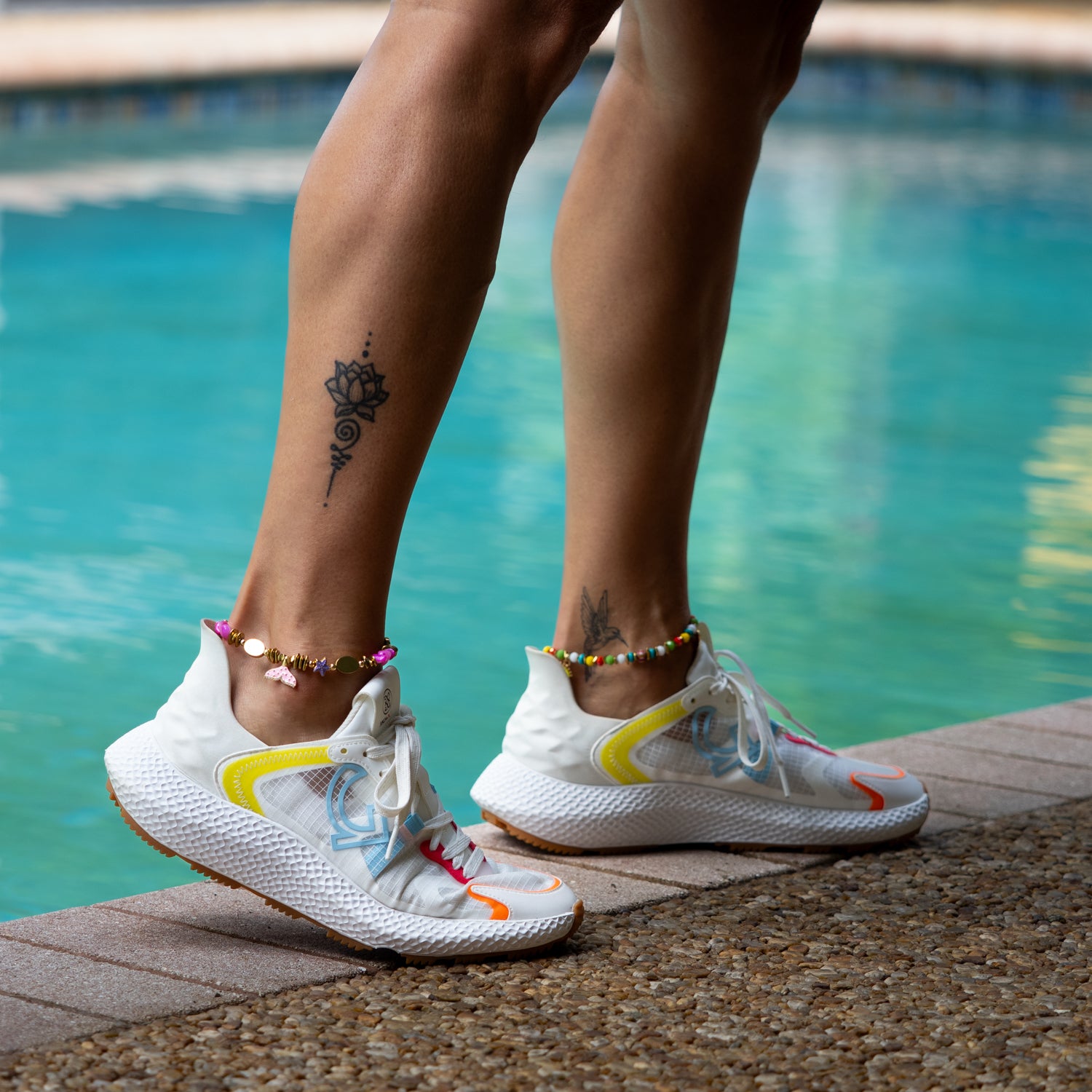Dream Star & Fish Tail Pastel Anklet worn by pool with white sneakers — summer dream jewelry