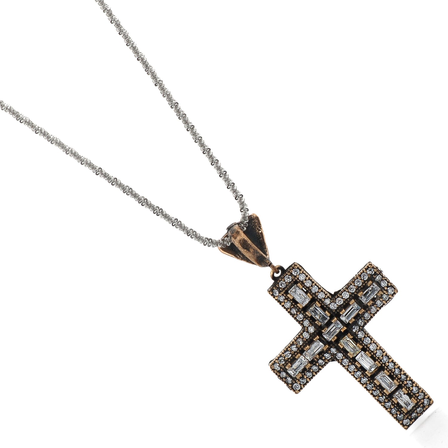 Pave Diamond Vintage Cross Sterling Silver Long Chain Necklace