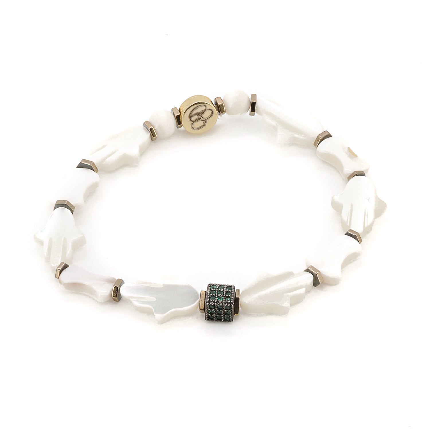 Pearl Hamsa Hand Bracelet featuring white pearl Hamsa hand beads and a green Swarovski crystal bead.