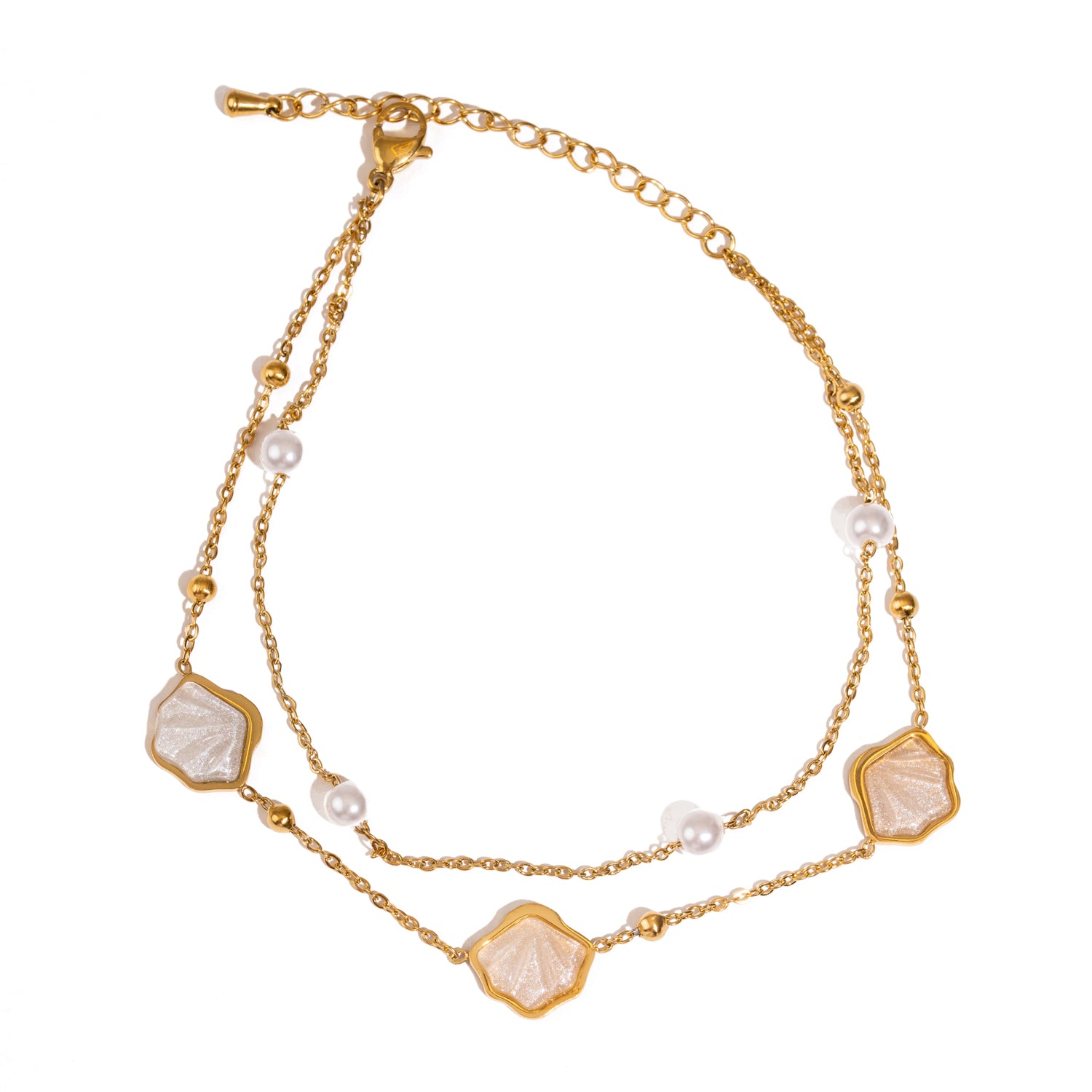 Gold double chain anklet with freshwater pearls and seashell charms