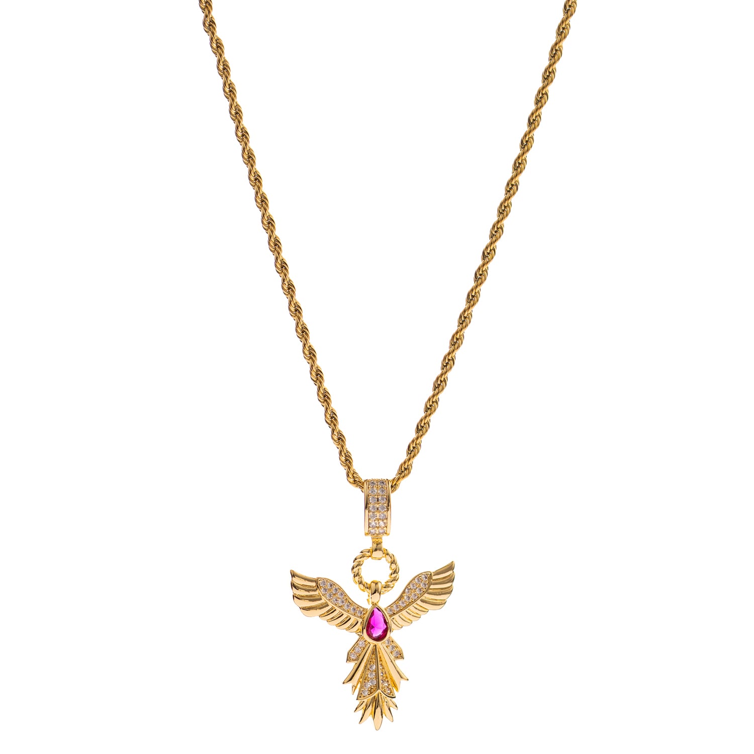 Phoenix pendant necklace with ruby gemstone and gold finish