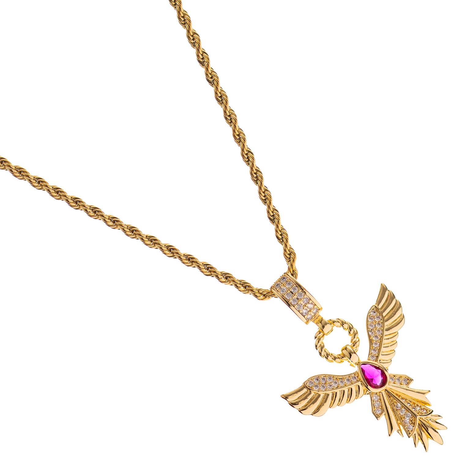 Rebirth-inspired gold phoenix pendant necklace with ruby