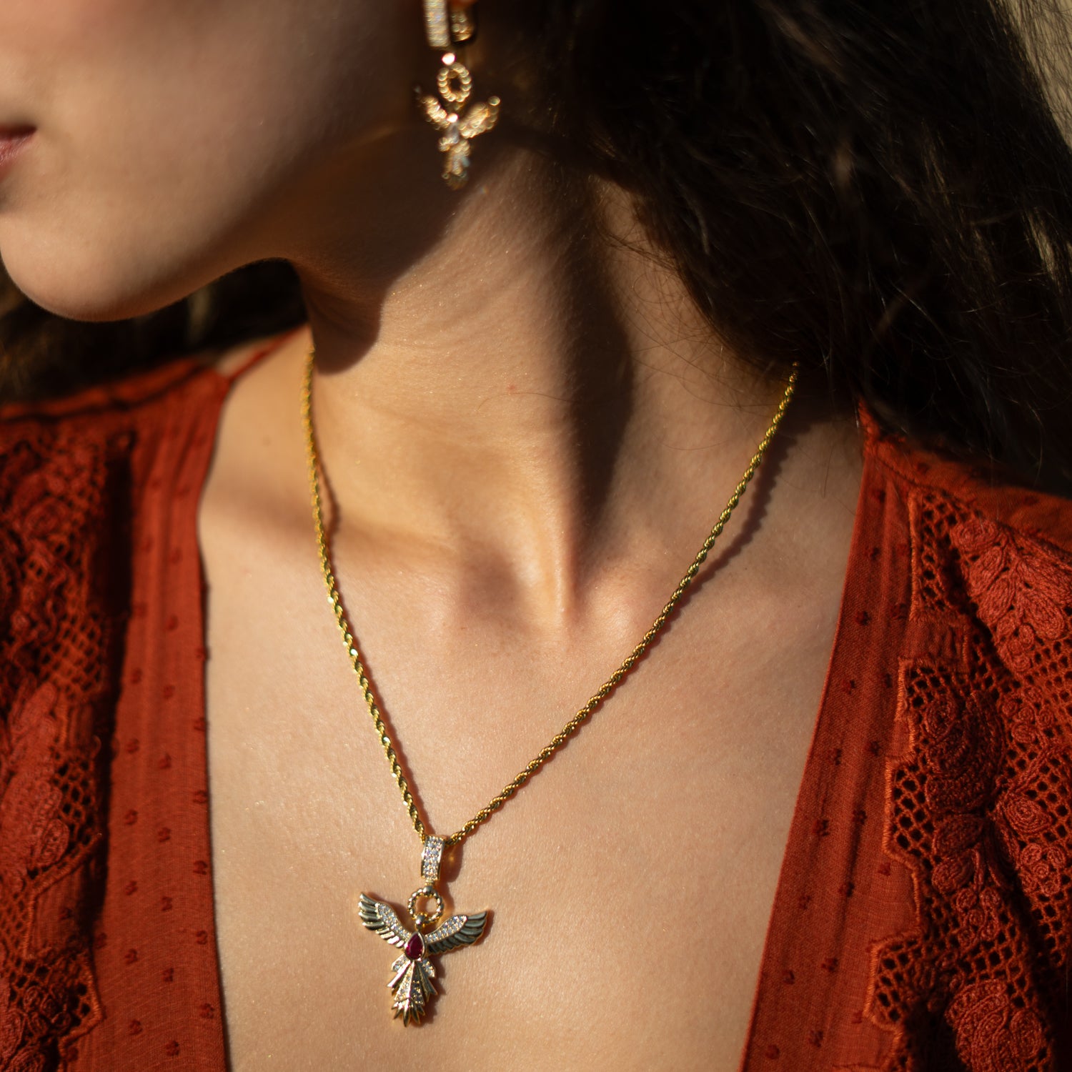 18k gold-plated phoenix pendant with natural ruby stone