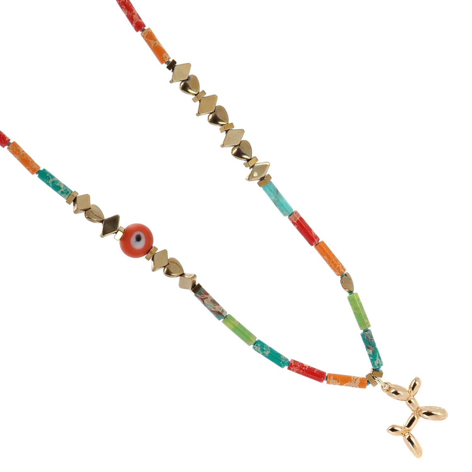 Fun and stylish necklace featuring a playful Balloon Dog pendant, colorful Jasper, and protective elements.
