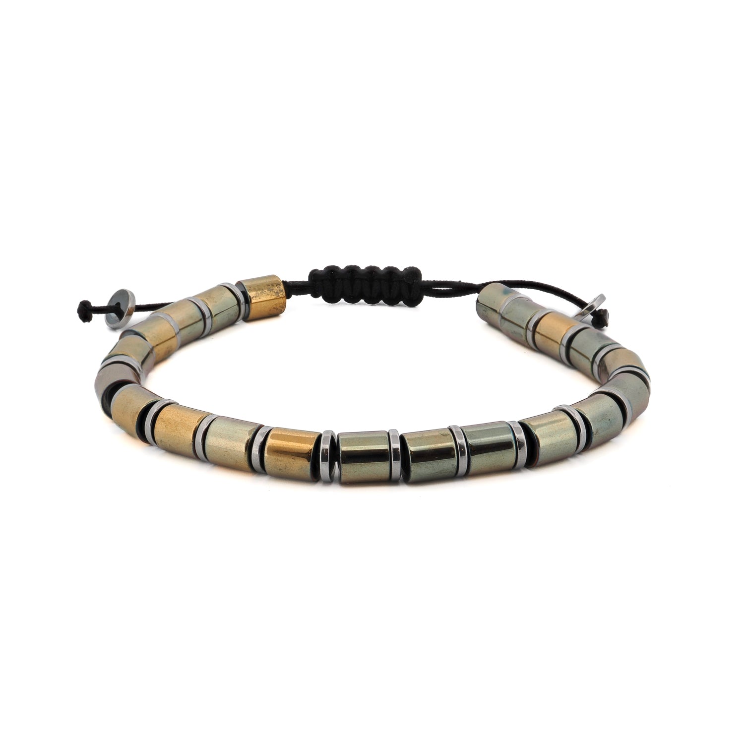 Positive Energy Hematite Stone Beaded Woven Bracelet with light gold-colored hematite beads and black rope.
