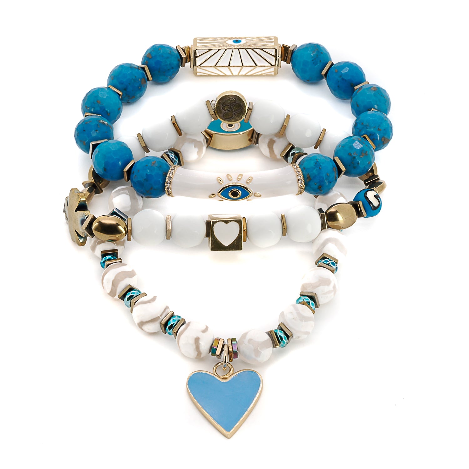 Embrace the energy of love and protection with the Power Of Love Trio Bracelet Set, adorned with a blue enamel heart charm and evil eye bead.
