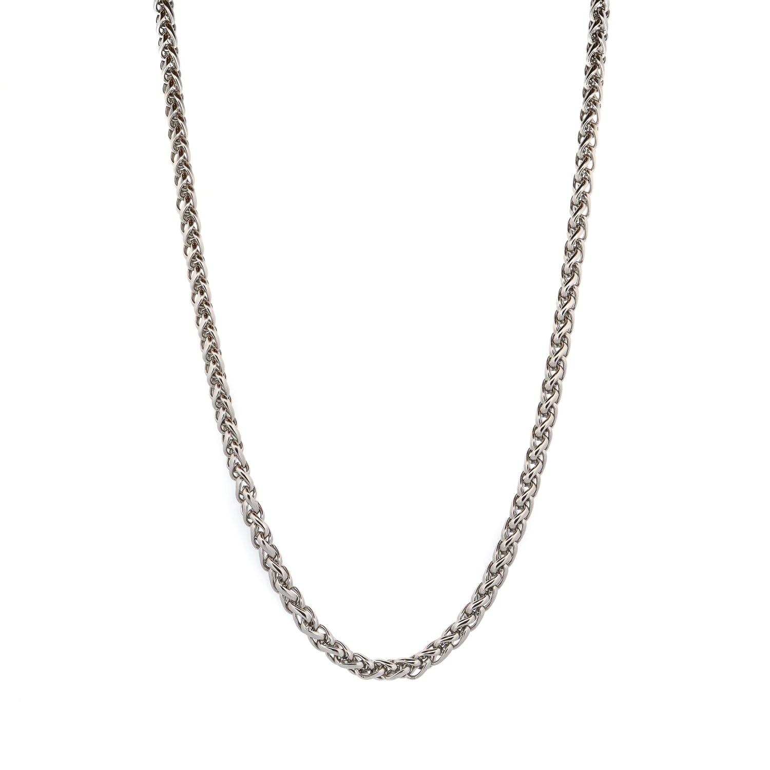 Men’s silver-tone stainless steel style rope chain necklace with polished links on a plain white background.
