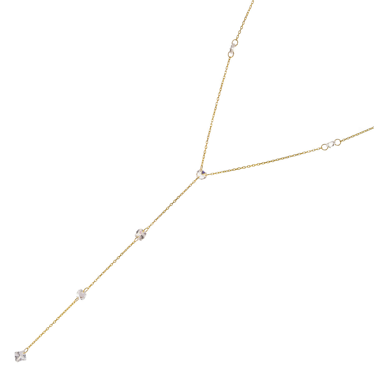 Angled view of the princess cut zircon gold lariat necklace on white