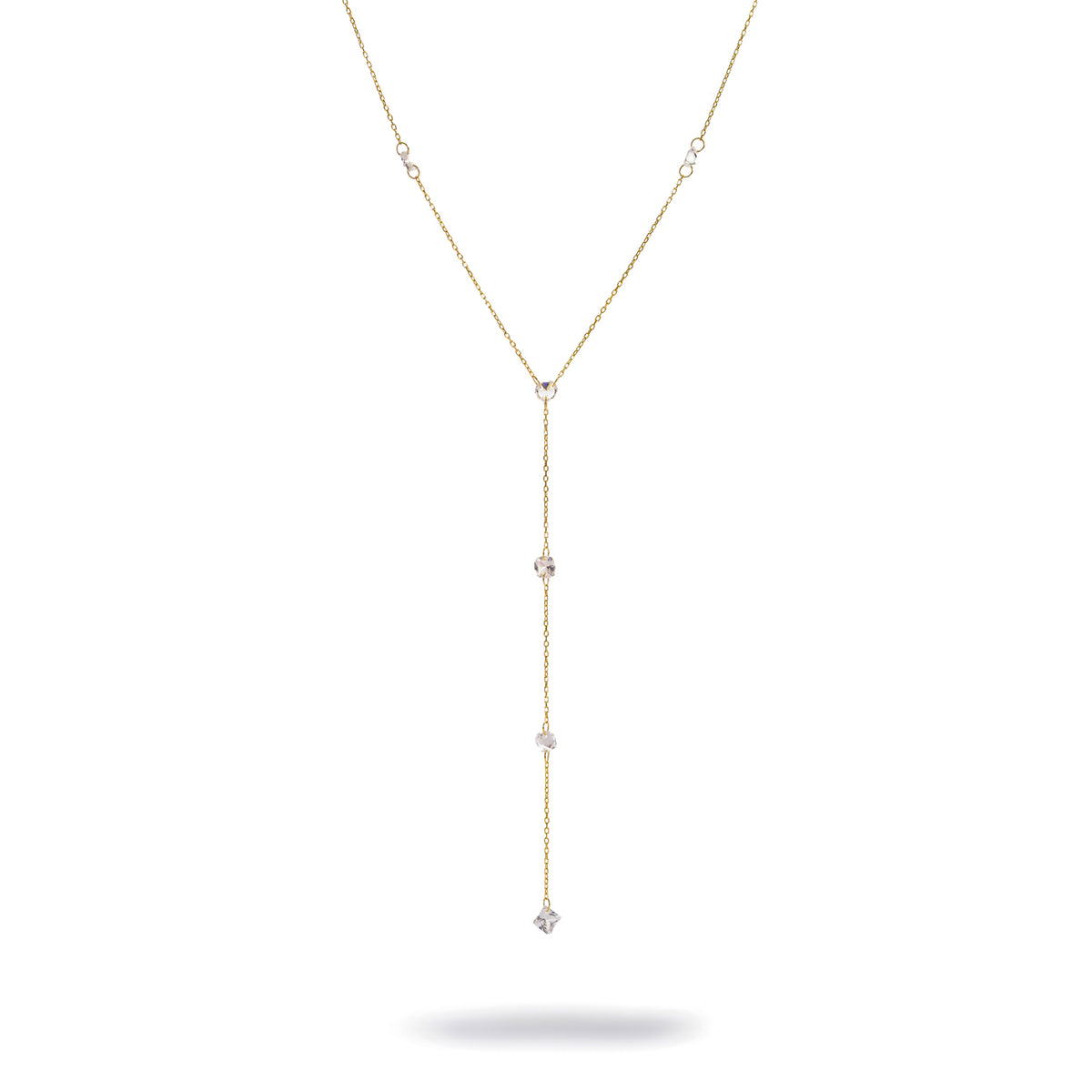 Princess Cut Zircon Gold Lariat Necklace, a fine gold Y chain with spaced white zircons and a princess cut zircon at the tip