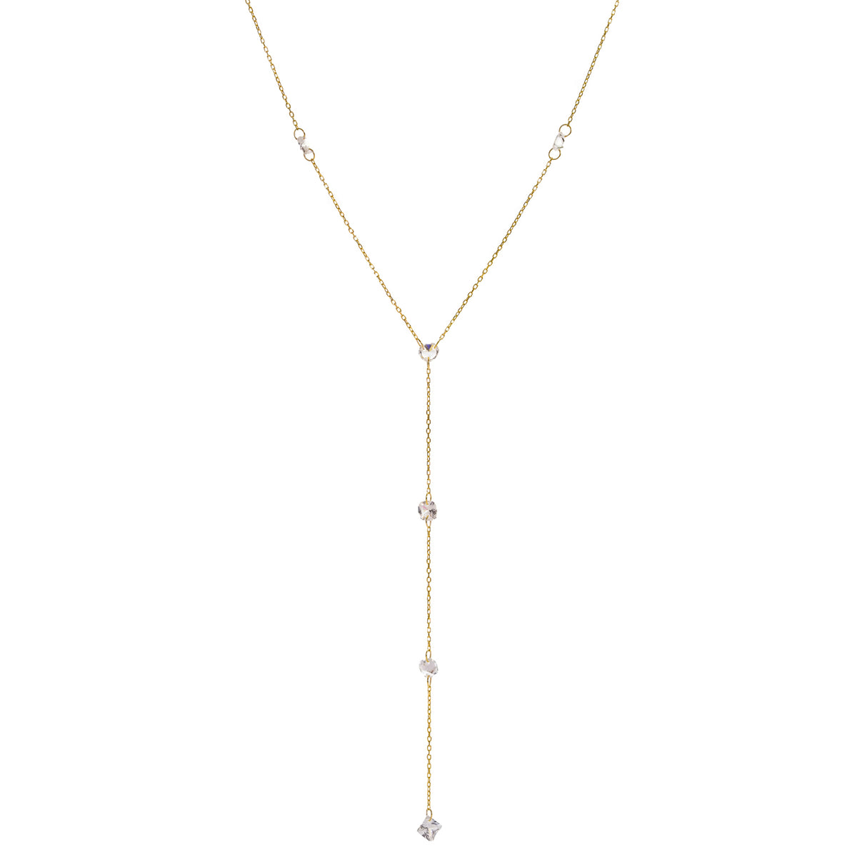 Front view of the Princess Cut Zircon Gold Lariat Necklace on white