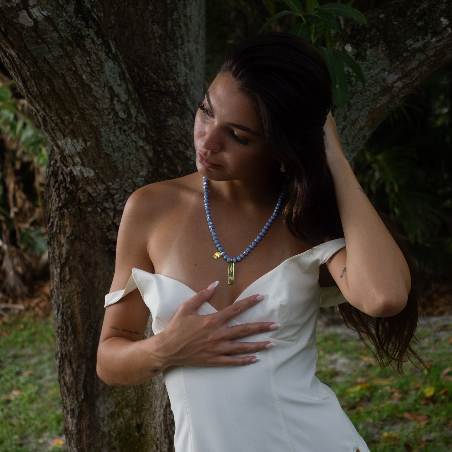Bold and meaningful necklace featuring gold hematite spacers and blue beads.

