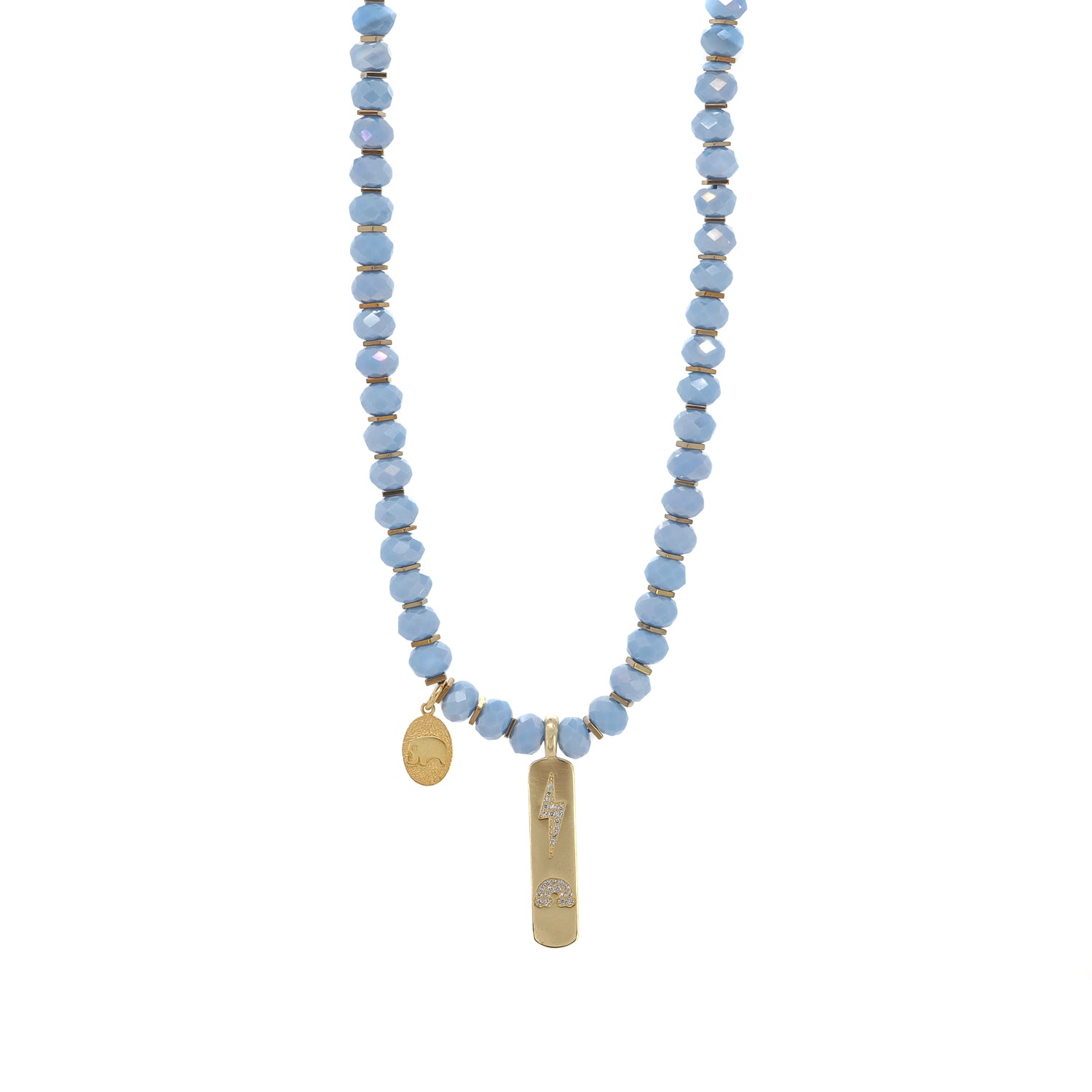 Close-up of 20" beaded necklace with faceted blue crystals and spiritual gold charms.

