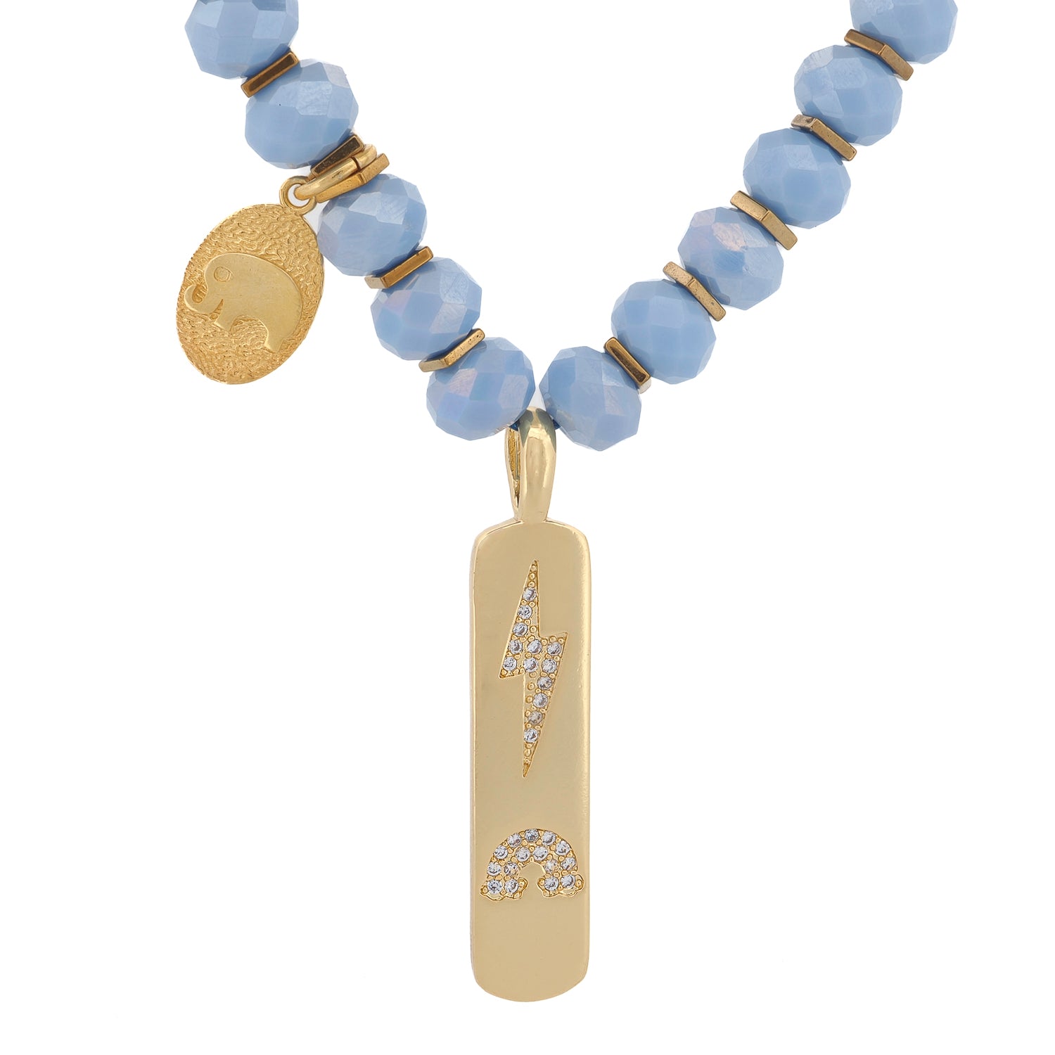 Protective Elephant & Lightning Necklace with faceted blue crystal beads and gold accents.

