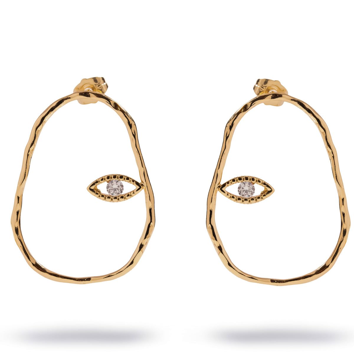 Protective Halo Evil Eye Gold & Diamond Hoop Earrings, a pair of hand hammered gold circles each holding a marquise evil eye with a cubic zirconia pupil