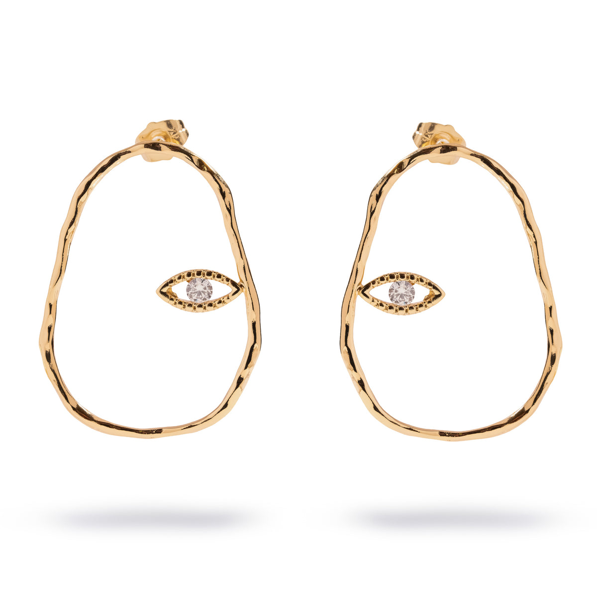Pair of Protective Halo Evil Eye Gold & Diamond Hoop Earrings shown upright against white, 1.7 inches long