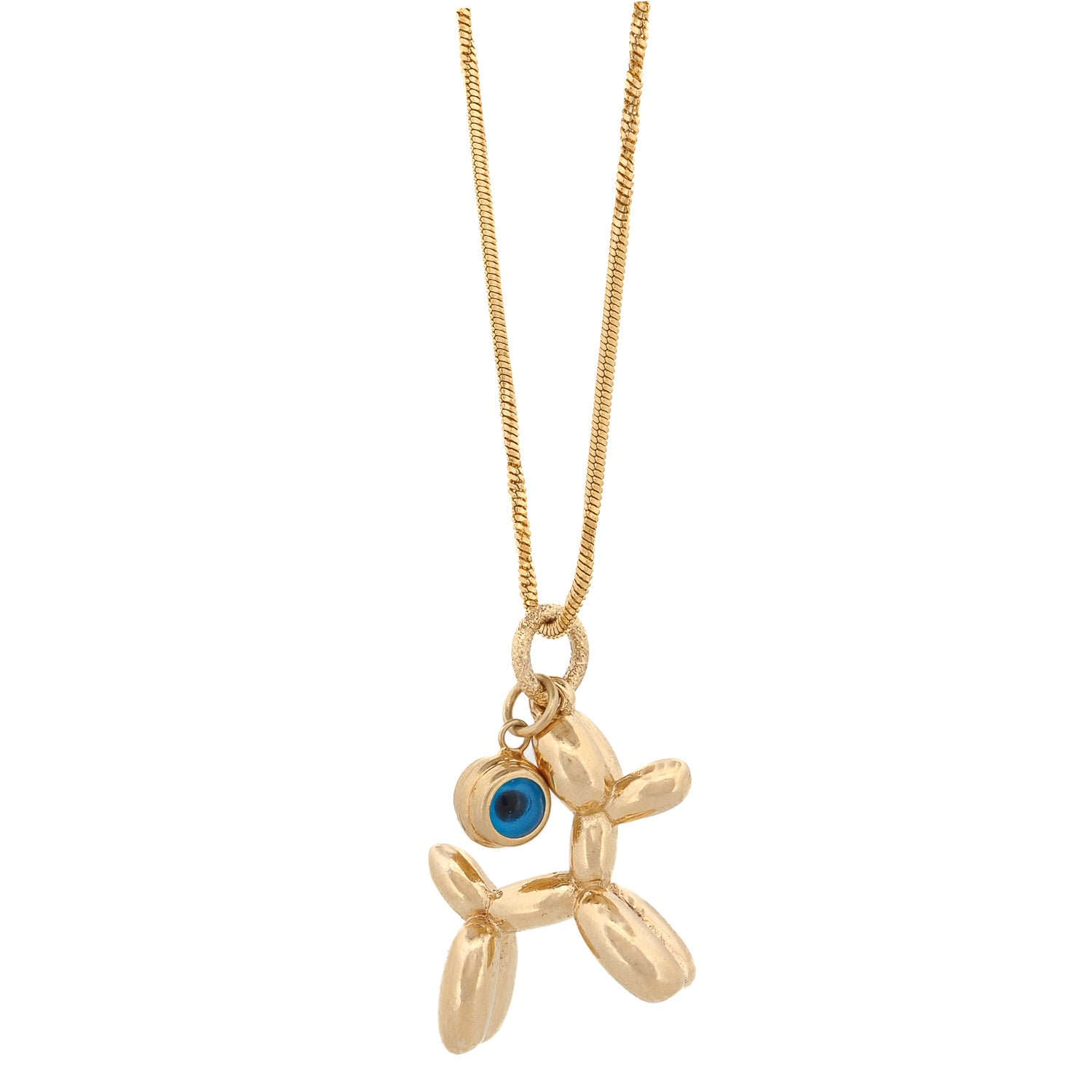Puppy Luck balloon dog and evil eye gold necklace with long 30-inch chain on white background

