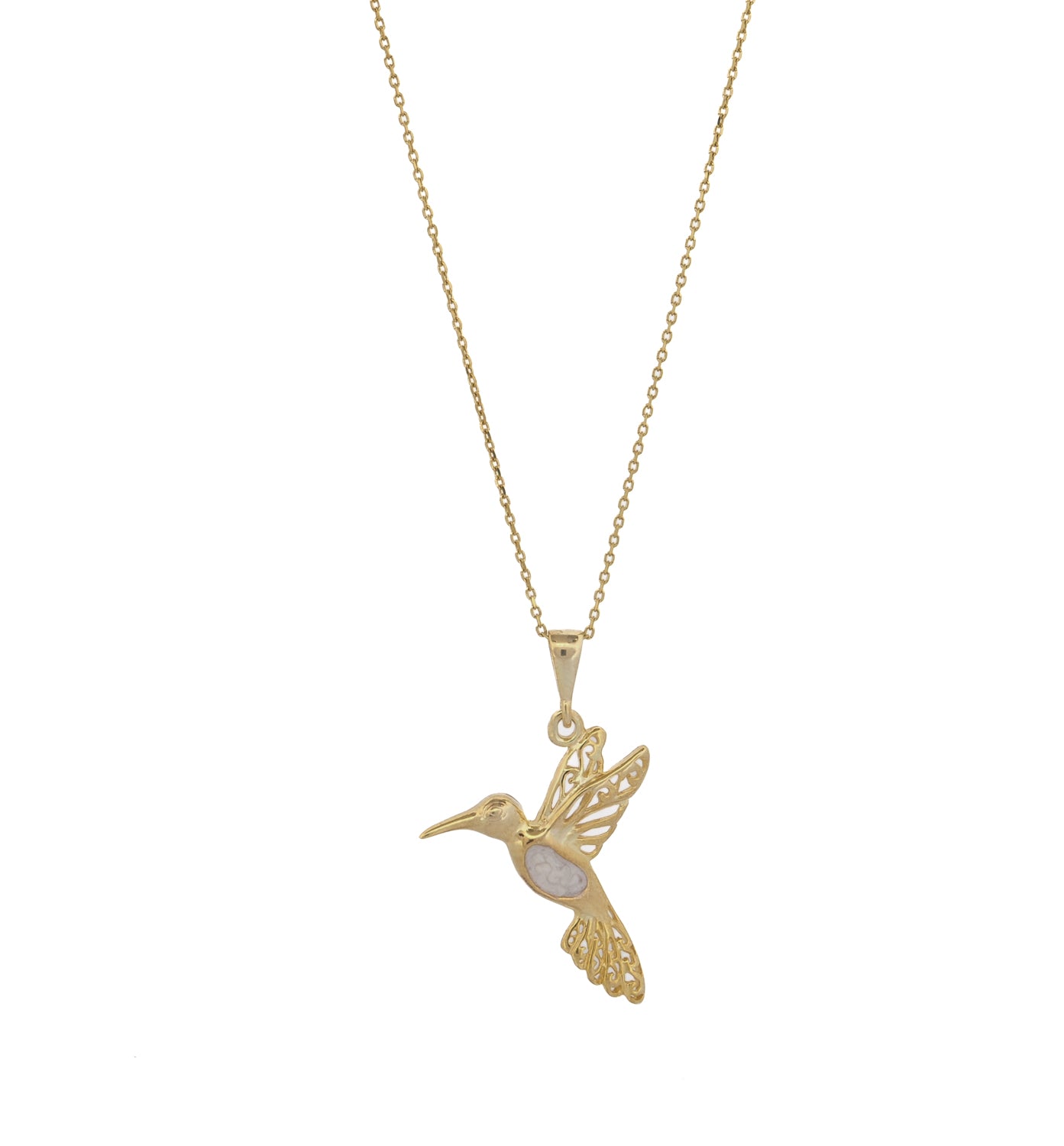 Hummingbird pendant necklace in 18k gold vermeil on sterling silver with white enamel inlay, 18-inch chain