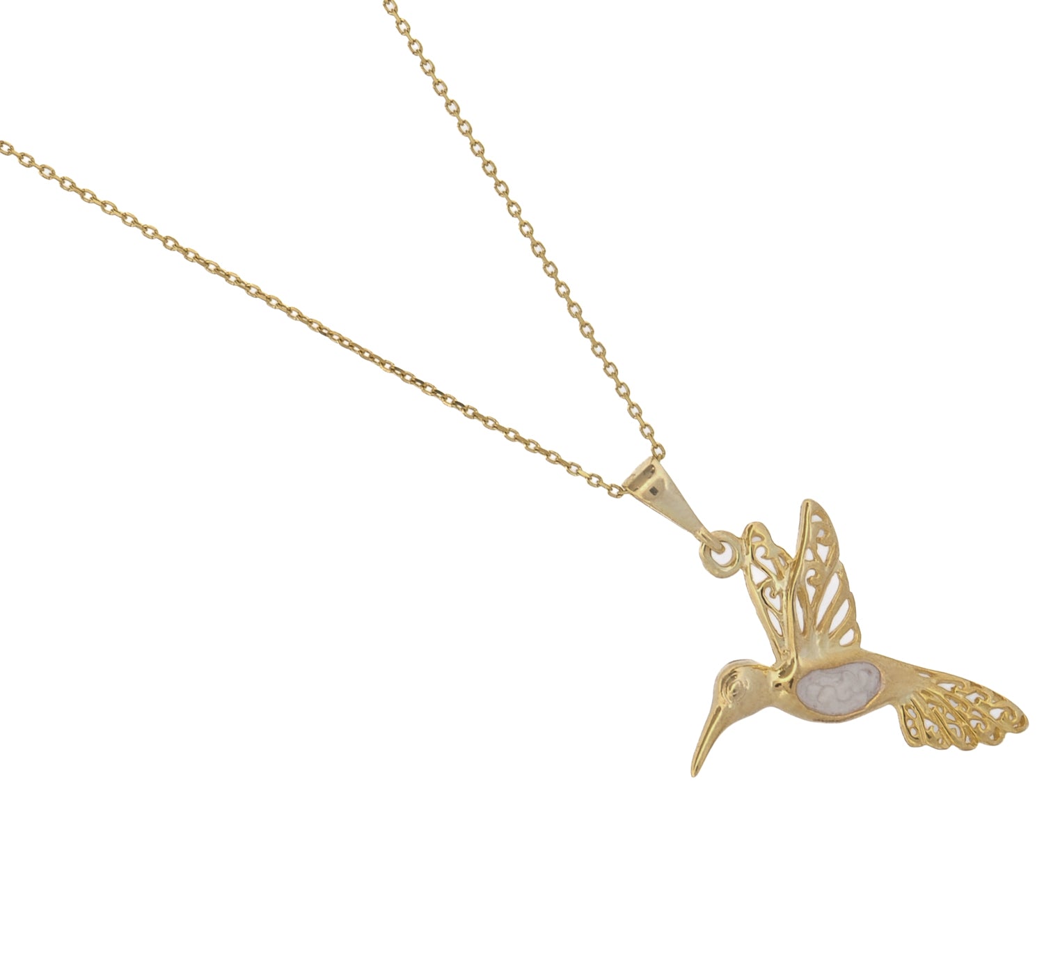 Gold vermeil hummingbird pendant necklace with white enamel details on an 18-inch fine chain, elegant and minimalist style
