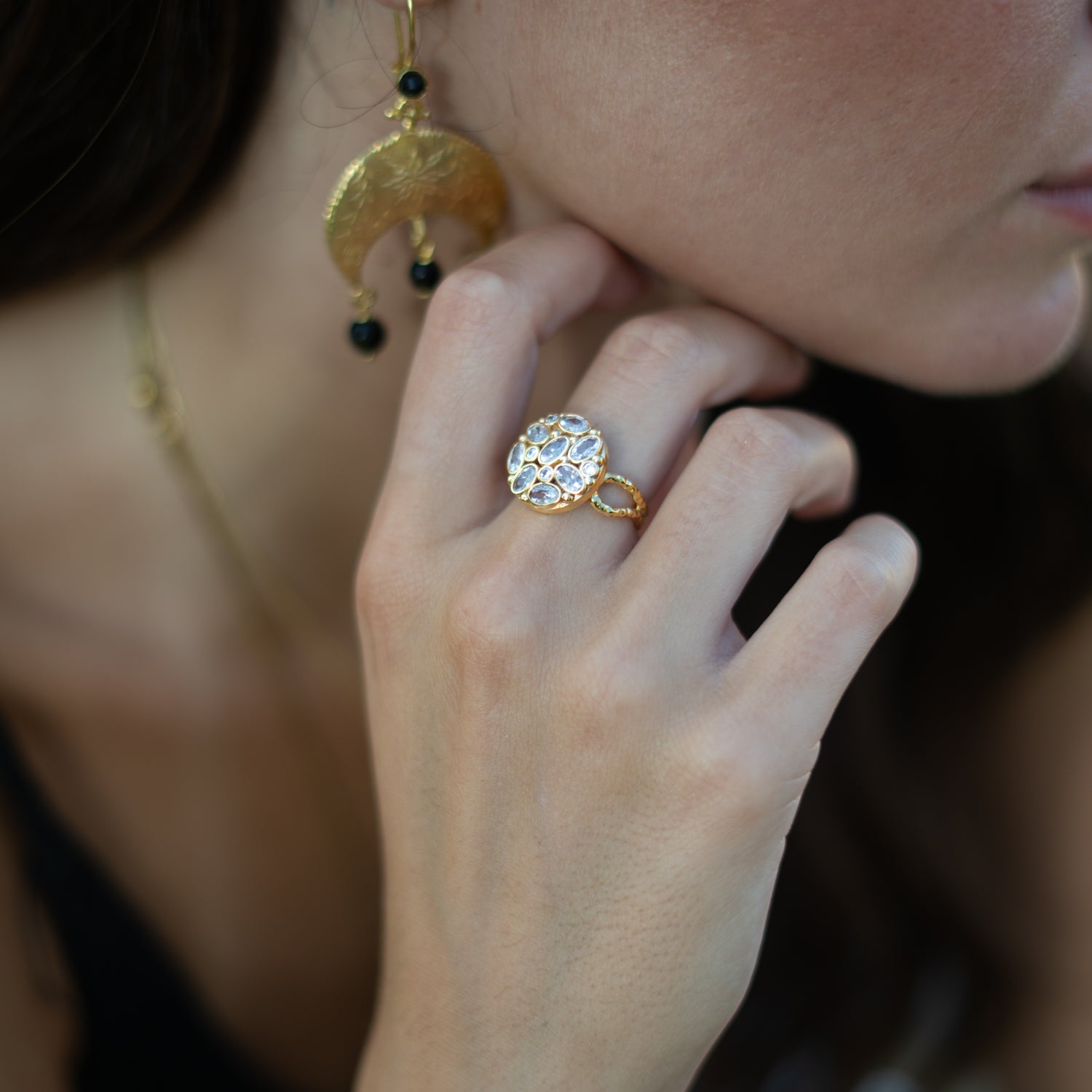 Radiant Cluster Swarovski Crystal Gold Adjustable Ring