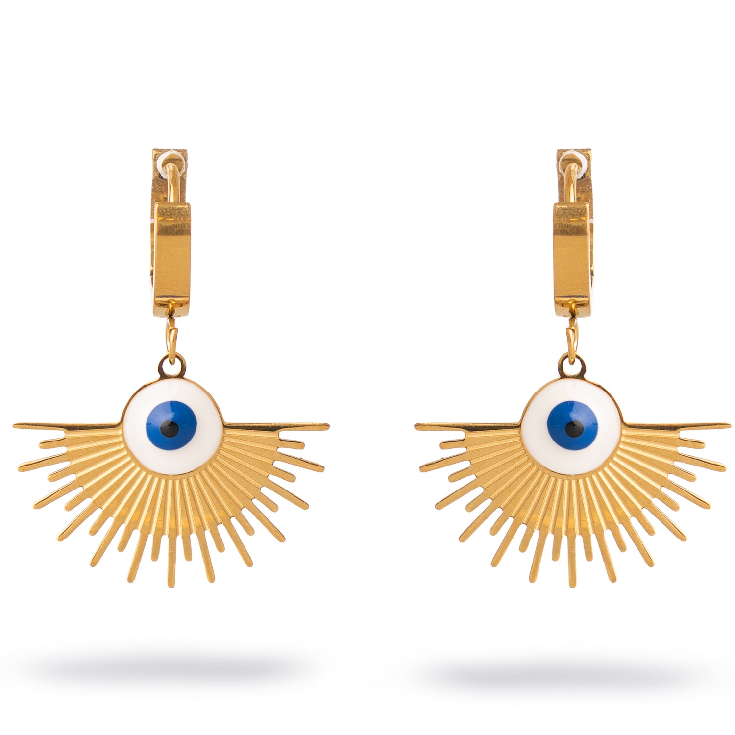 Gold radiant evil eye earrings with blue and white enamel center