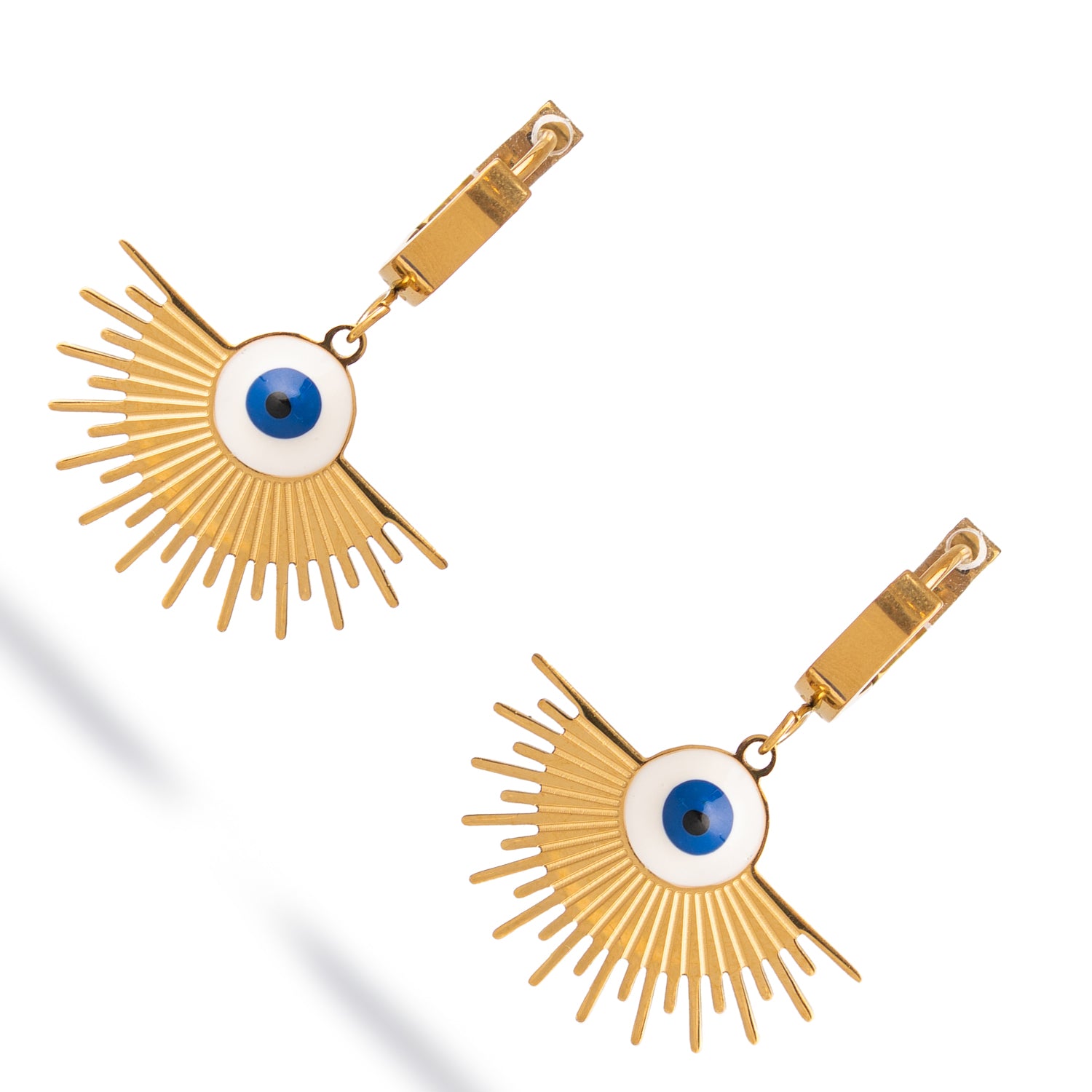 Handmade evil eye earrings with sunbeam-inspired gold detailing