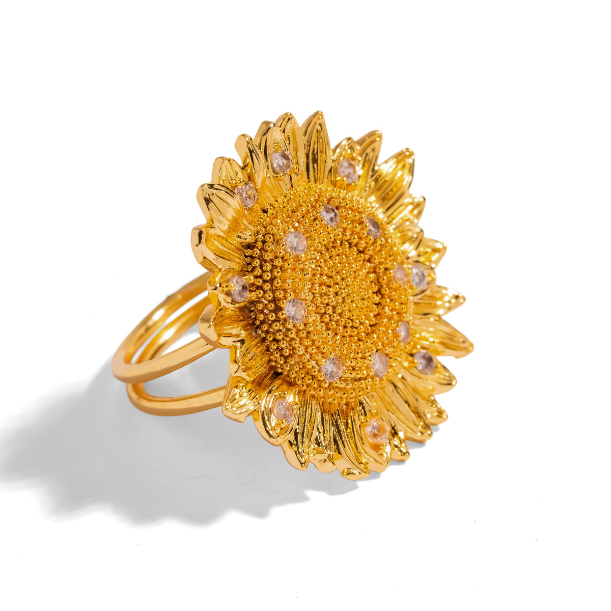 Radiant Sunflower gold adjustable statement ring with hand set cubic zirconia across its beaded center