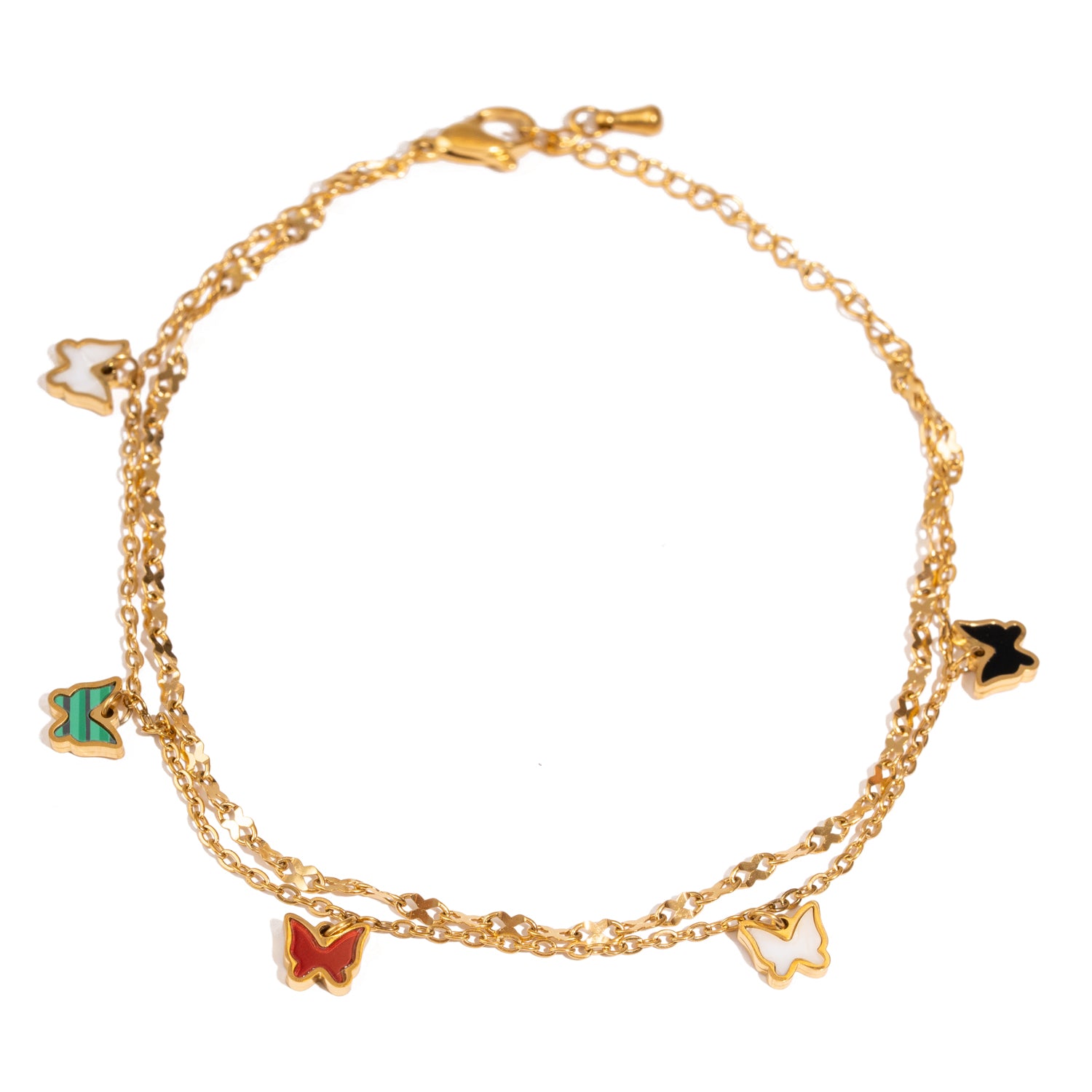 Double gold chain anklet with colorful enamel butterfly charms