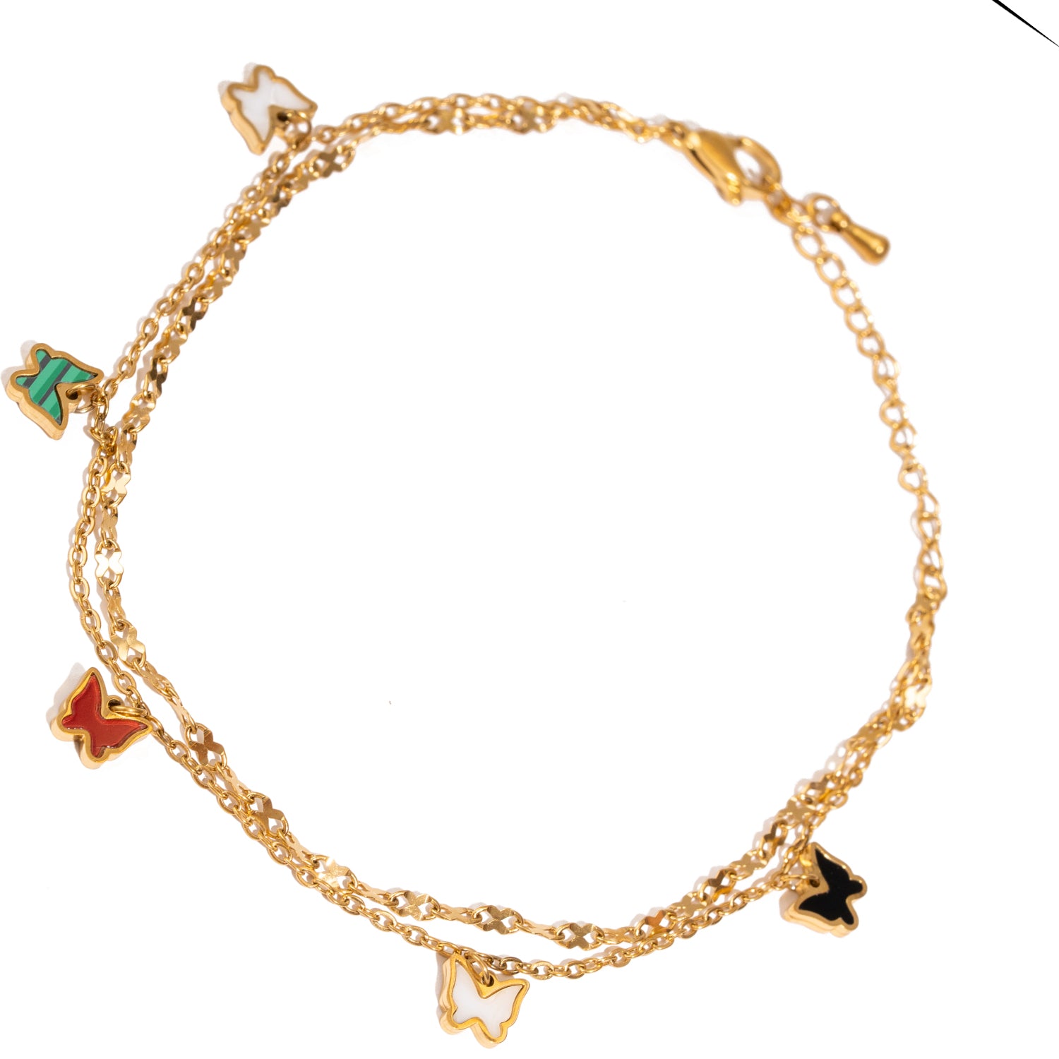 Rainbow Butterfly Charm Anklet in gold tone with multicolor enamel